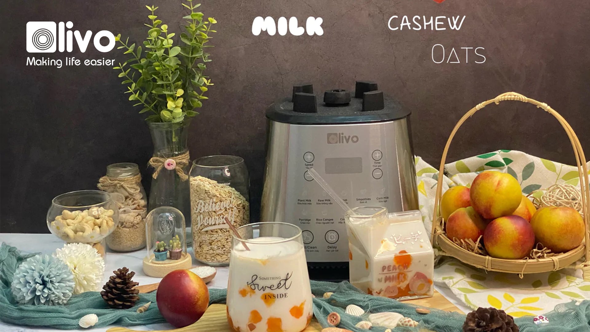 Cách làm sữa đào - hạt điều mix yến mạch với máy xay Olivo X20