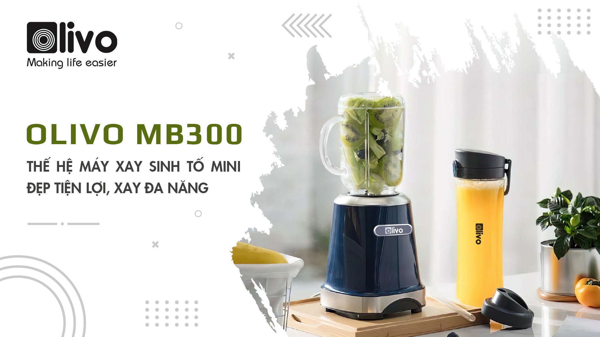 OLIVO MB300 máy xay sinh tố mini đẹp tiện lợi, xay đa năng