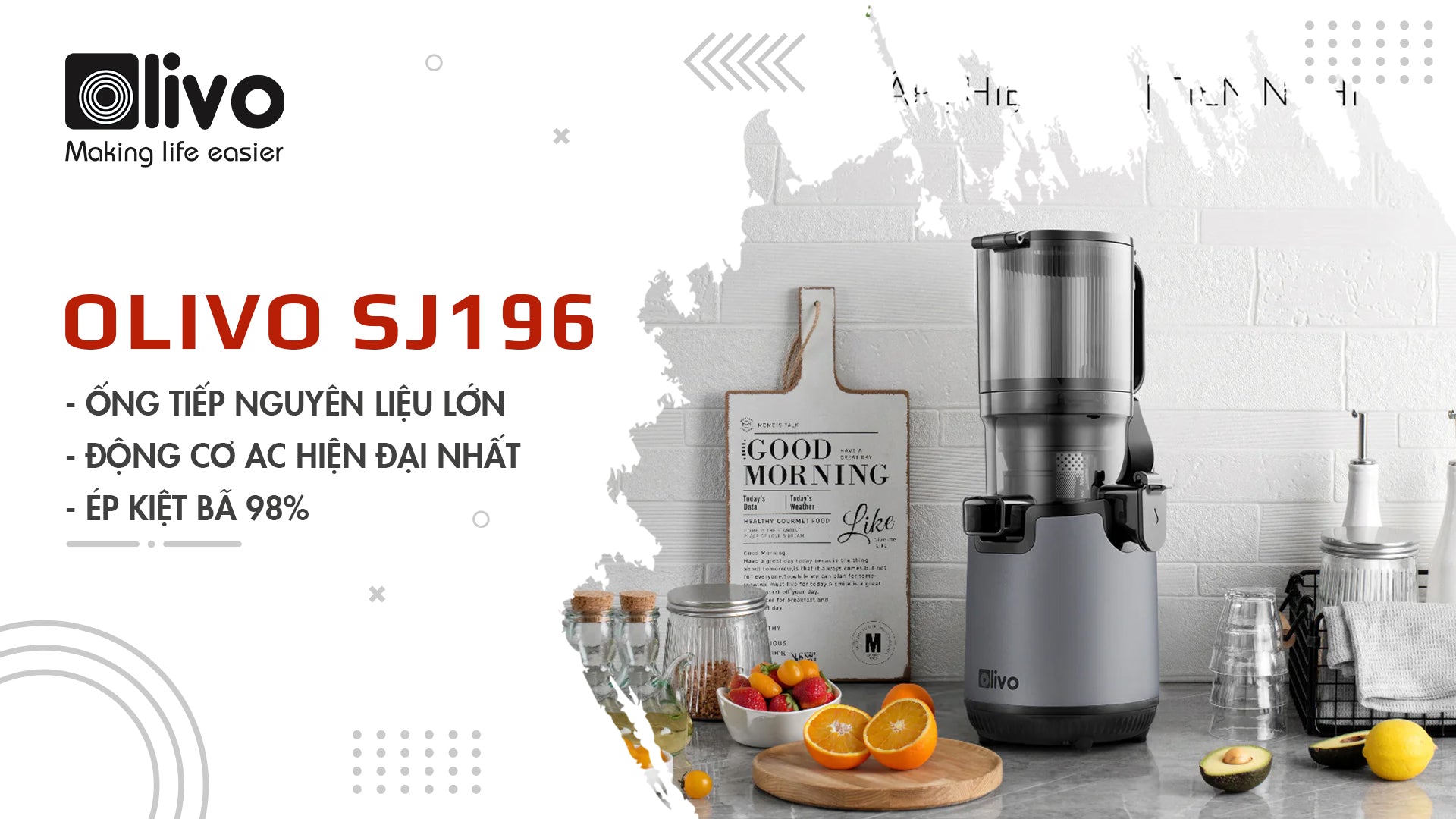 OLIVO SJ196 Máy ép chậm thế hệ mới, ép kiệt nước tươi bất tận