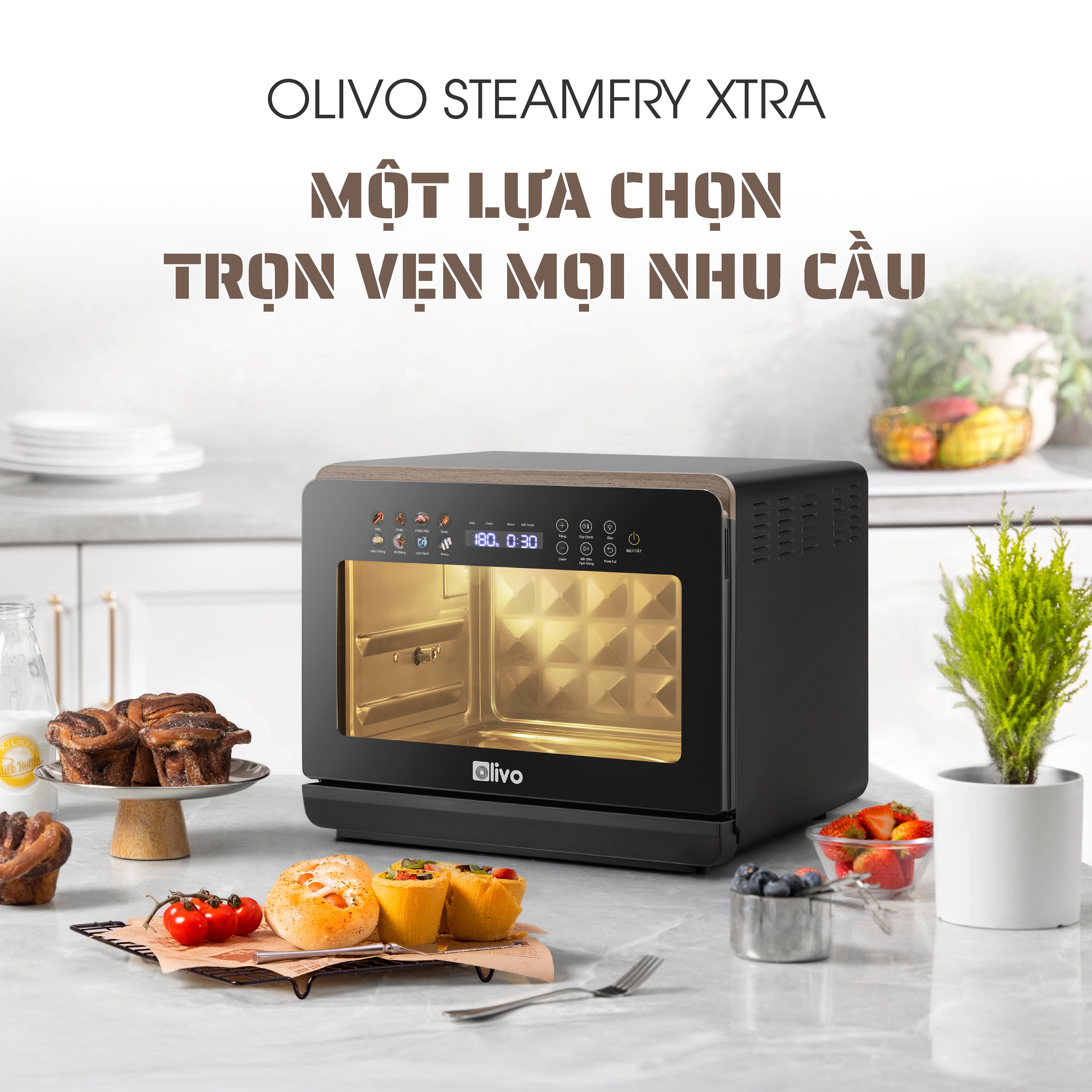 Nồi Chiên Hấp Đa Năng OLIVO SteamFry Xtra – Phiên Bản Cao Cấp, Bảng Điều Khiển OLED, Dung tích vượt trội 20L, Hấp Nano Steam/Chiên Eco Fry thế hệ thứ 2, 70 Chế Độ Cài Sẵn, Vệ Sinh Dễ Dàng