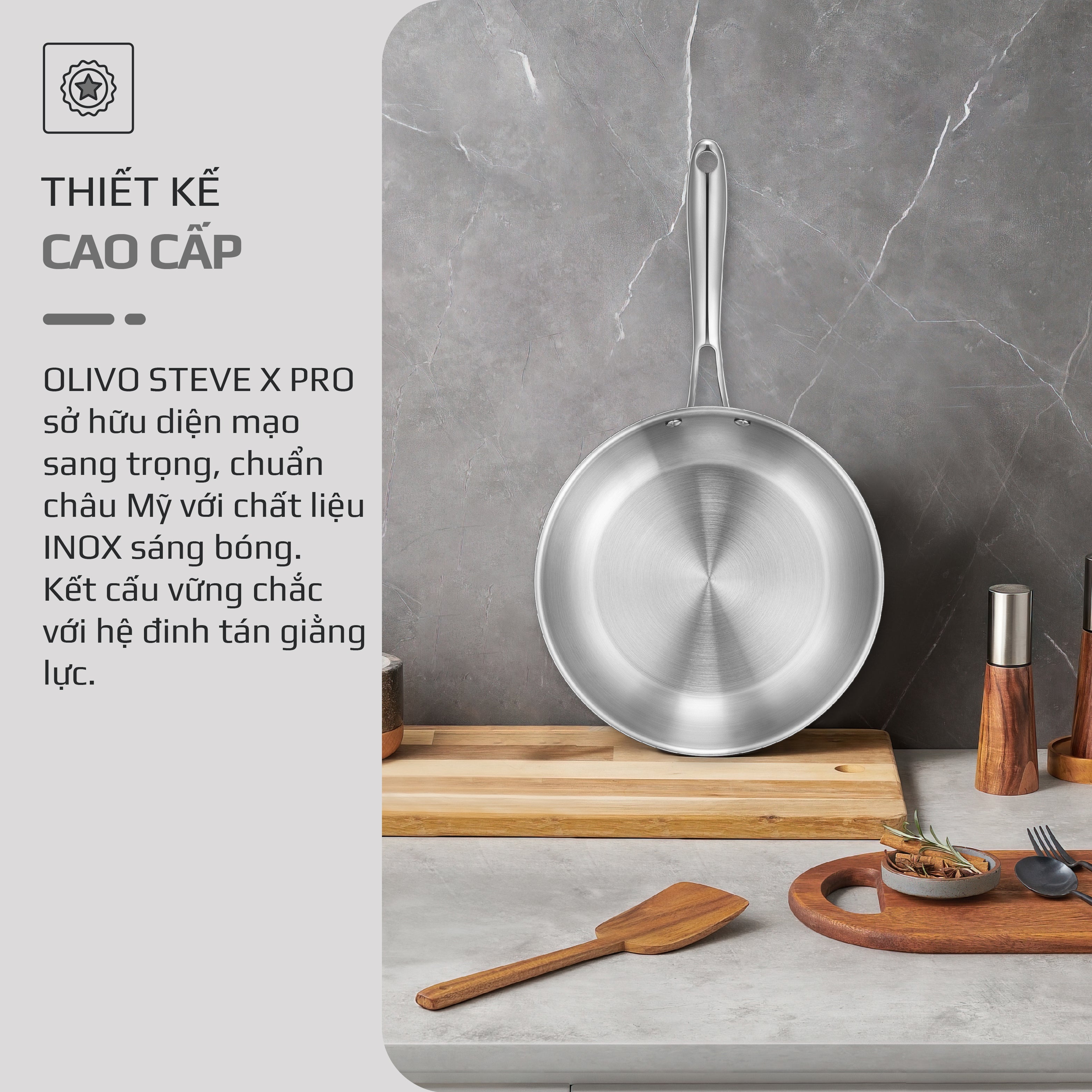 Chảo INOX OLIVO STEVE X PRO - Chống Dính Tự Nhiên, Đáy 5 Lớp, Đường Kính 24cm – Nấu Được Trên Mọi Loại Bếp