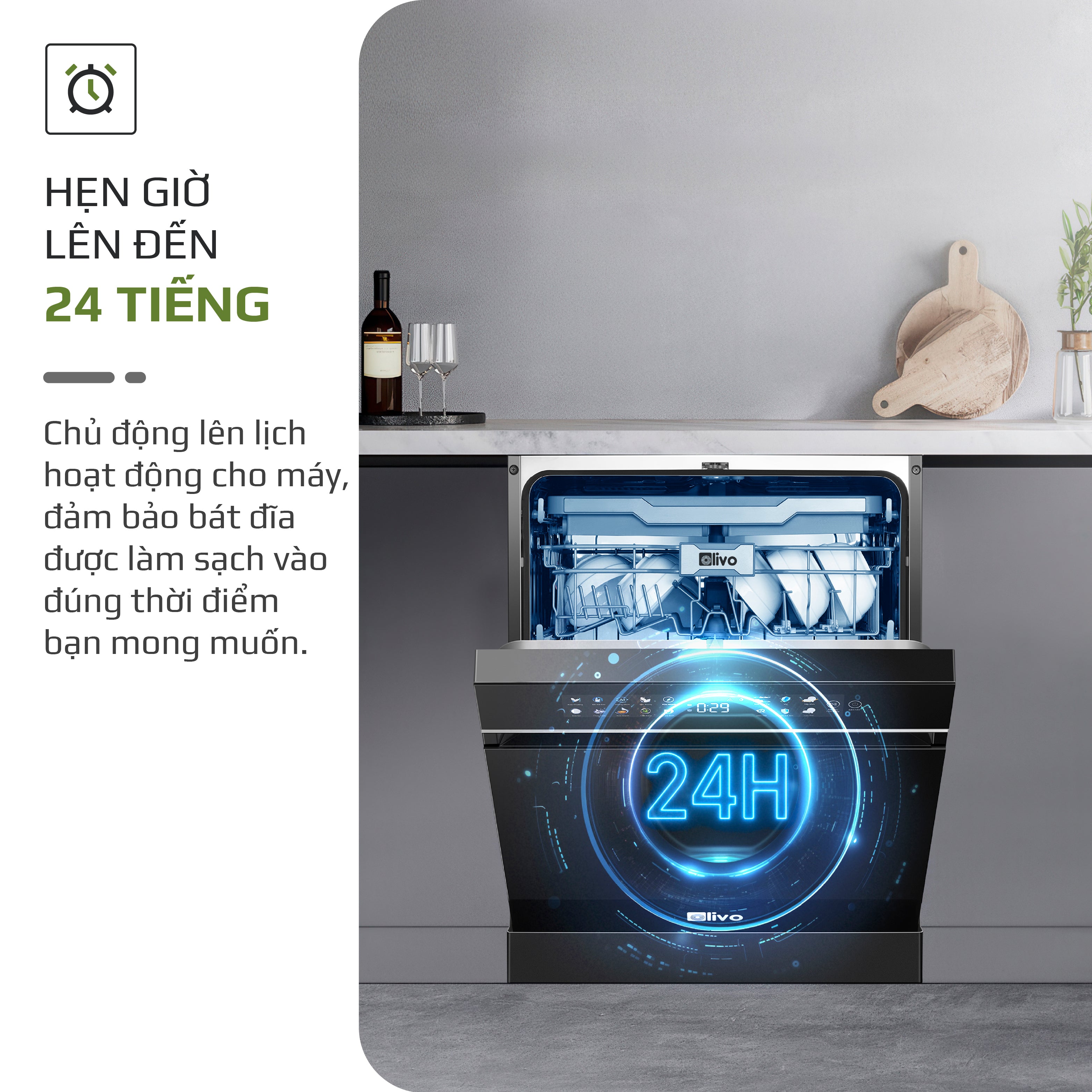 Máy Rửa Bát OLIVO DW18 - 3 Giỏ Linh Hoạt - Tải Trọng 18 Bộ Bát Đĩa - Sấy Turbo EcoDry - Rửa Hydro360 Wash -16 Chương Trình - Khử Khuẩn UV