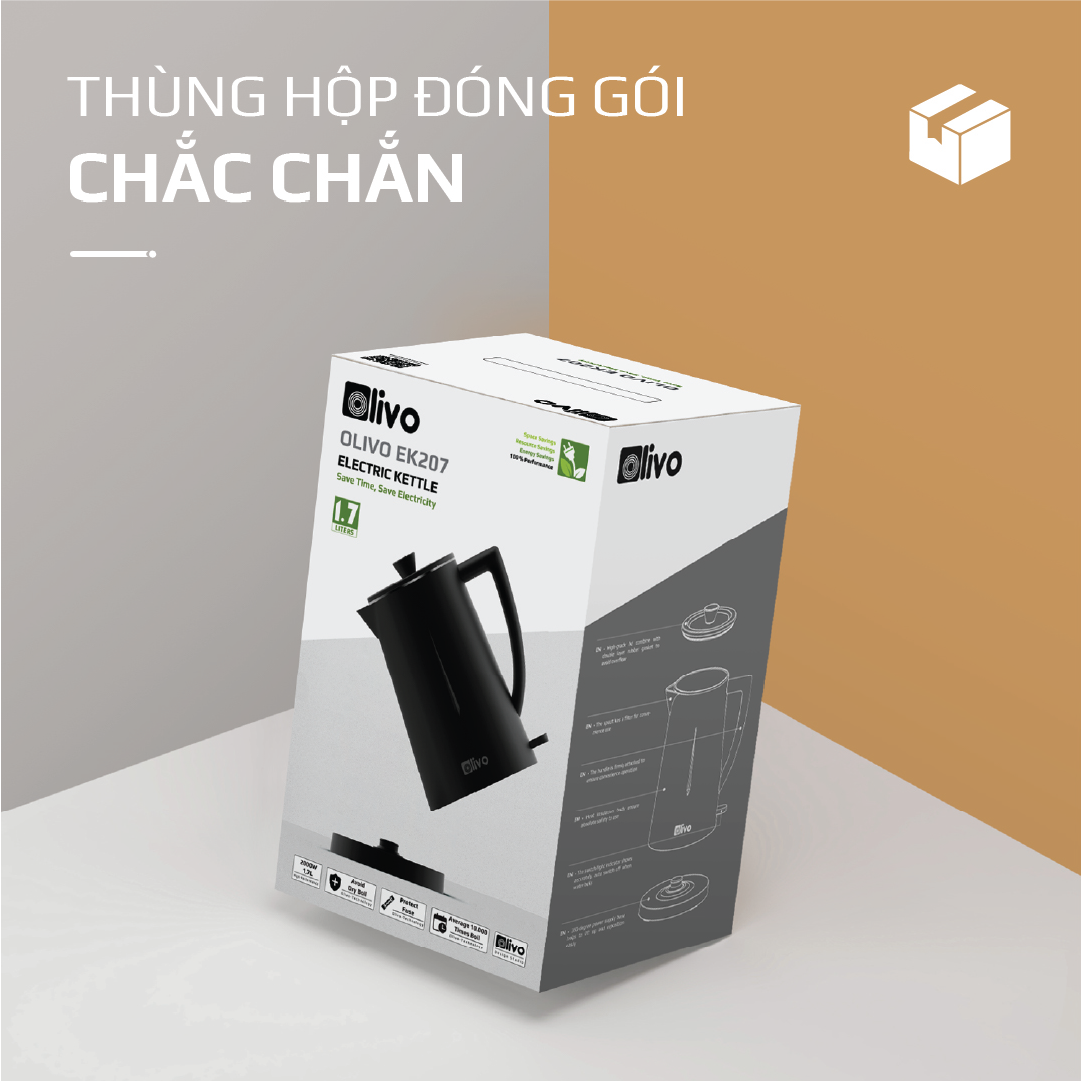 Ấm Siêu Tốc OLIVO EK207 – Thiết Kế Tối Giản Sang Trọng, Bộ Điều Khiển Strix Siêu Bền, Dung Tích 1.7L, Công Suất Lớn 2000W