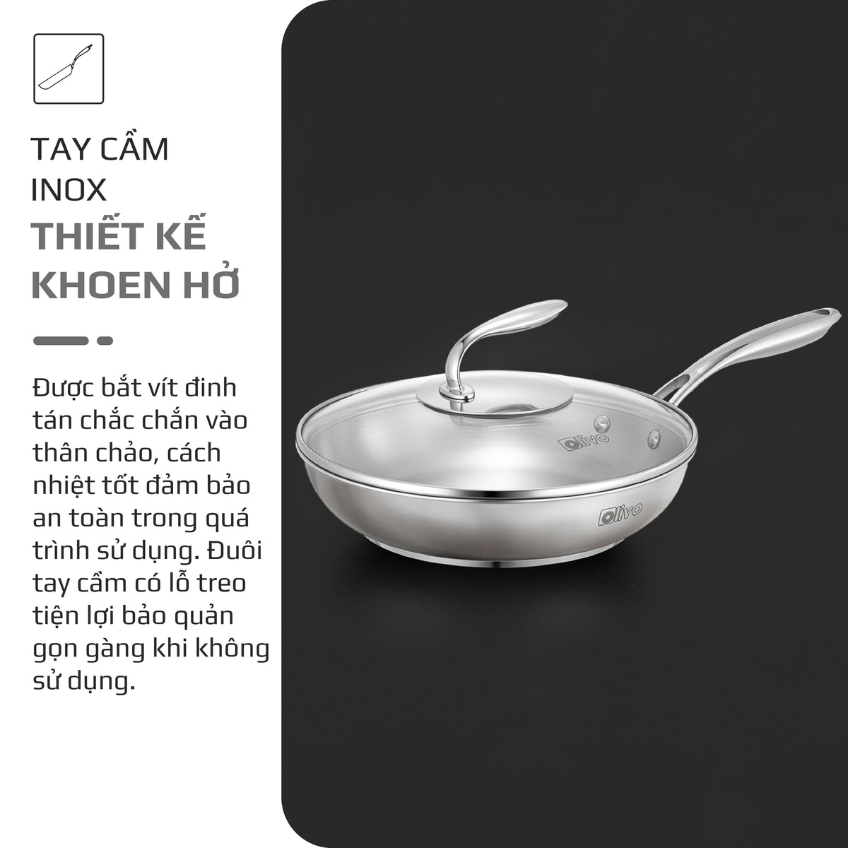 Chảo INOX OLIVO STEVE X PRO - Chống Dính Tự Nhiên, Đáy 5 Lớp, Đường Kính 24cm – Nấu Được Trên Mọi Loại Bếp