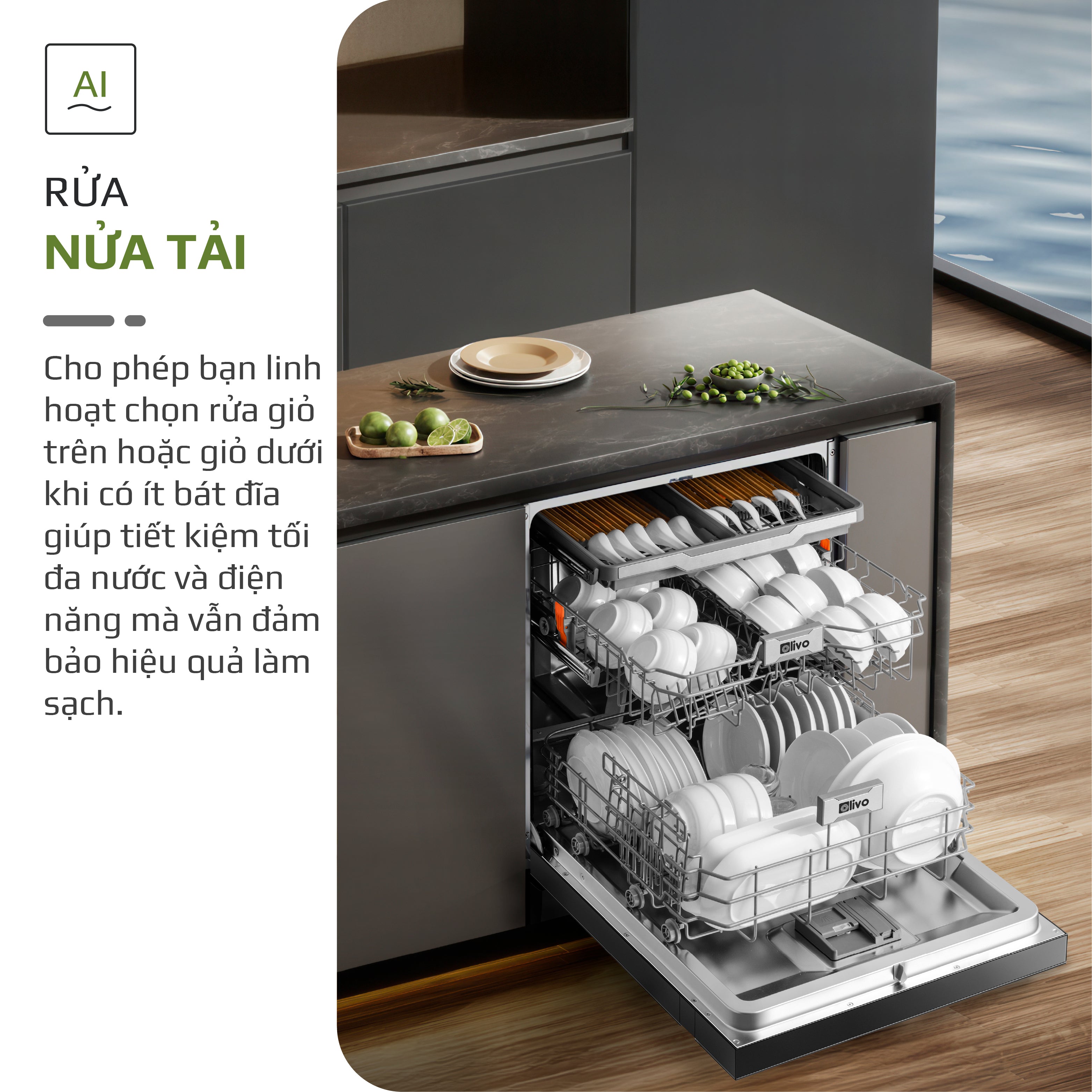 Máy Rửa Bát OLIVO DW18 - 3 Giỏ Linh Hoạt - Tải Trọng 18 Bộ Bát Đĩa - Sấy Turbo EcoDry - Rửa Hydro360 Wash -16 Chương Trình - Khử Khuẩn UV