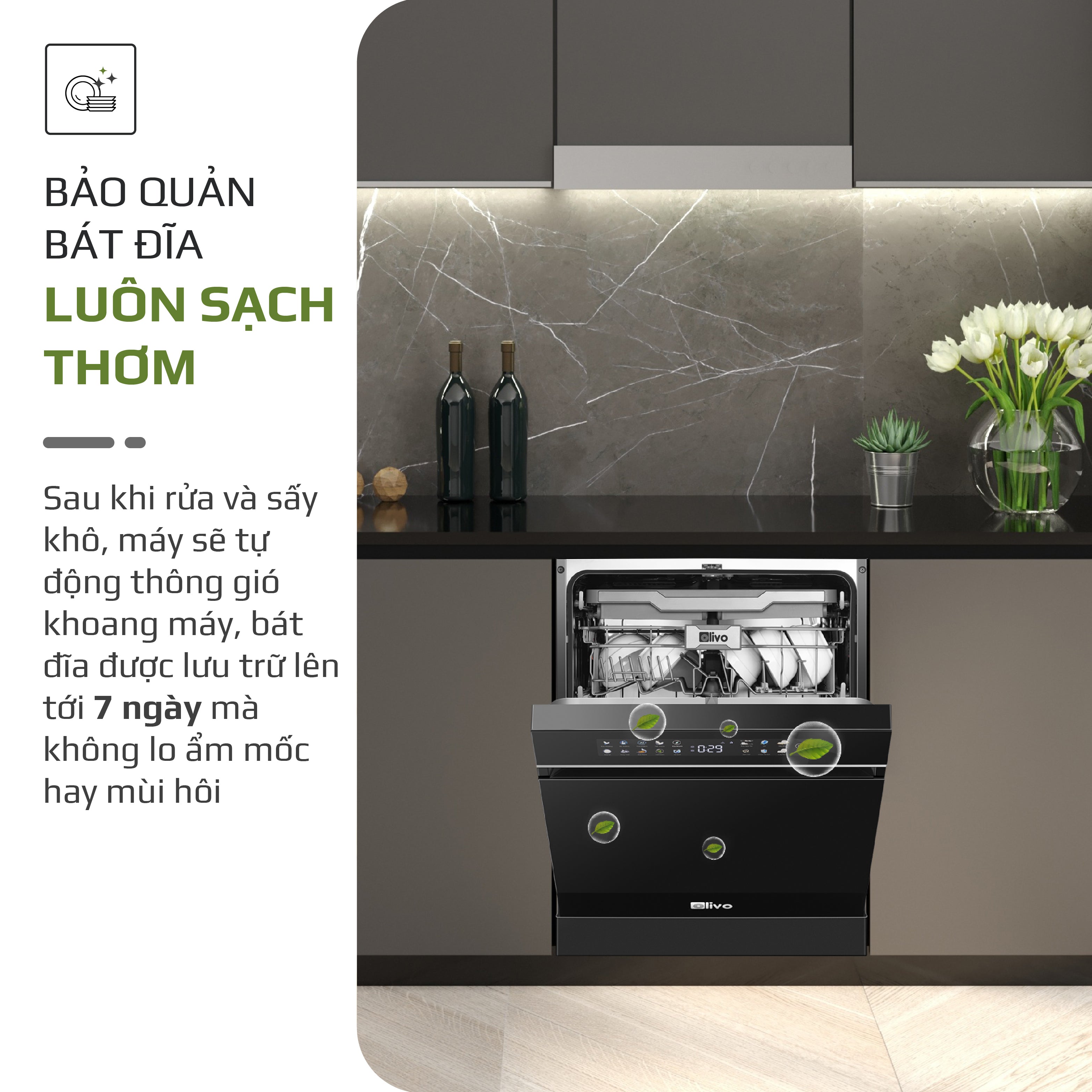 Máy Rửa Bát OLIVO DW18 - 3 Giỏ Linh Hoạt - Tải Trọng 18 Bộ Bát Đĩa - Sấy Turbo EcoDry - Rửa Hydro360 Wash -16 Chương Trình - Khử Khuẩn UV
