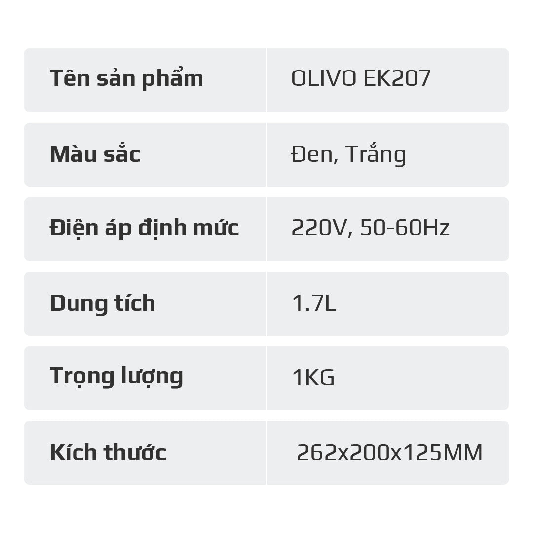 Ấm Siêu Tốc OLIVO EK207 – Thiết Kế Tối Giản Sang Trọng, Bộ Điều Khiển Strix Siêu Bền, Dung Tích 1.7L, Công Suất Lớn 2000W