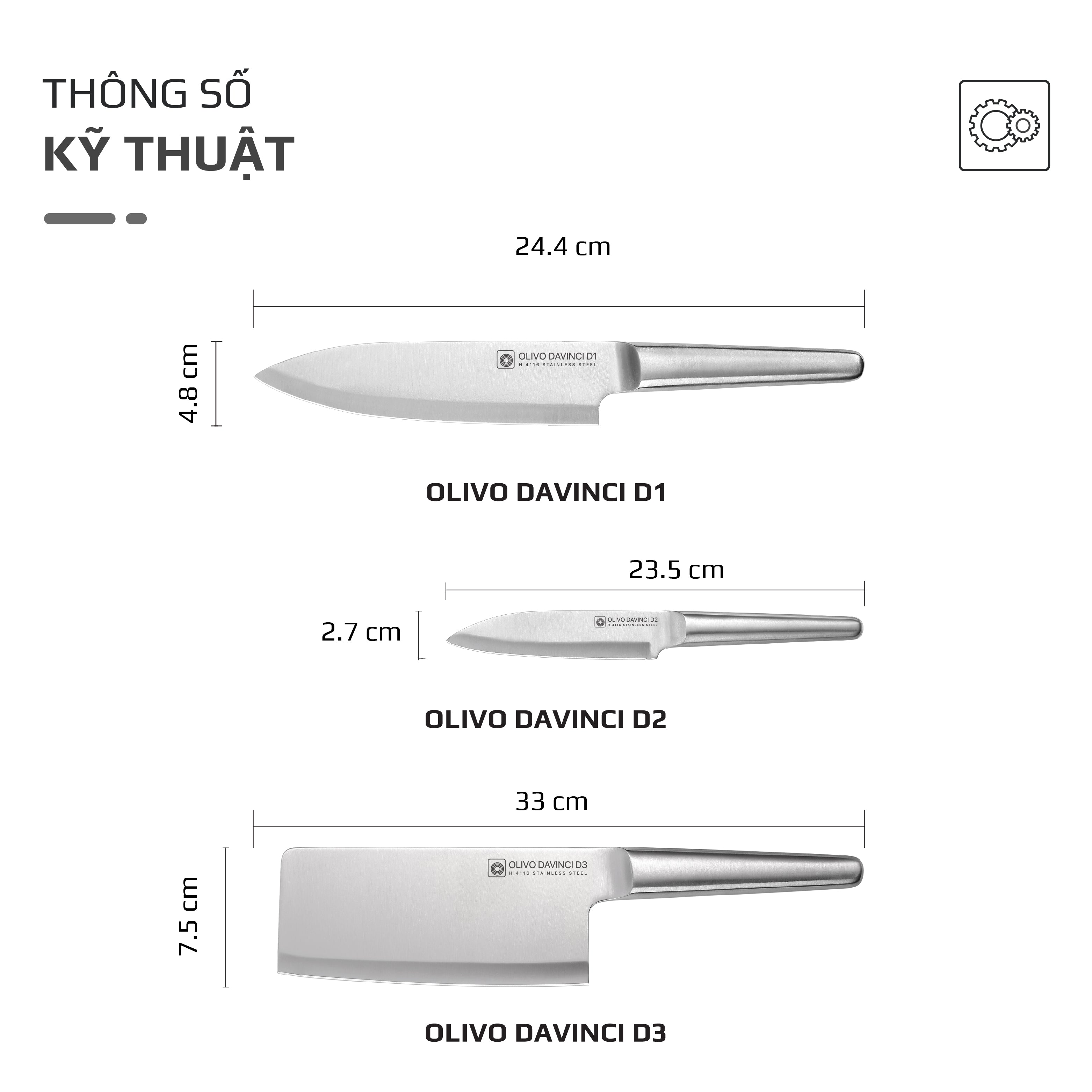 Bộ Dao 3 Món OLIVO DAVINCI - Vật Liệu Cao Cấp - Lưỡi Dao Sắc Bén - Thiết Kế Công Thái Học - Chuôi INOX 430 Siêu Bền