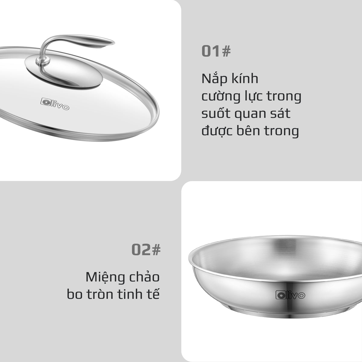 Chảo INOX OLIVO STEVE X PRO - Chống Dính Tự Nhiên, Đáy 5 Lớp, Đường Kính 24cm – Nấu Được Trên Mọi Loại Bếp