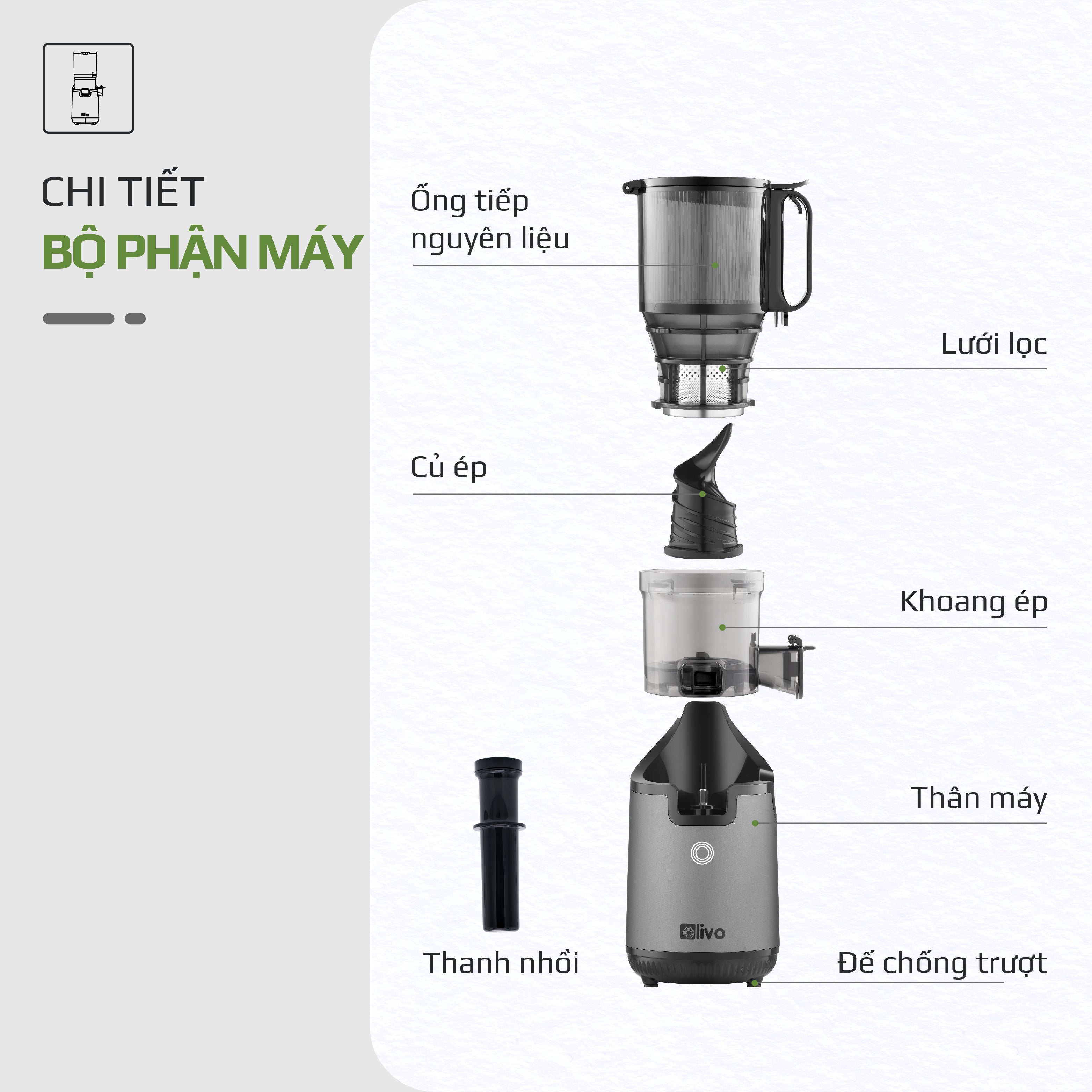 Máy Ép Chậm OLIVO SJ196 Titanium - Ép Trái Cây Nguyên Quả - Động Cơ AC Cao Cấp, Êm Nhất Thị Trường