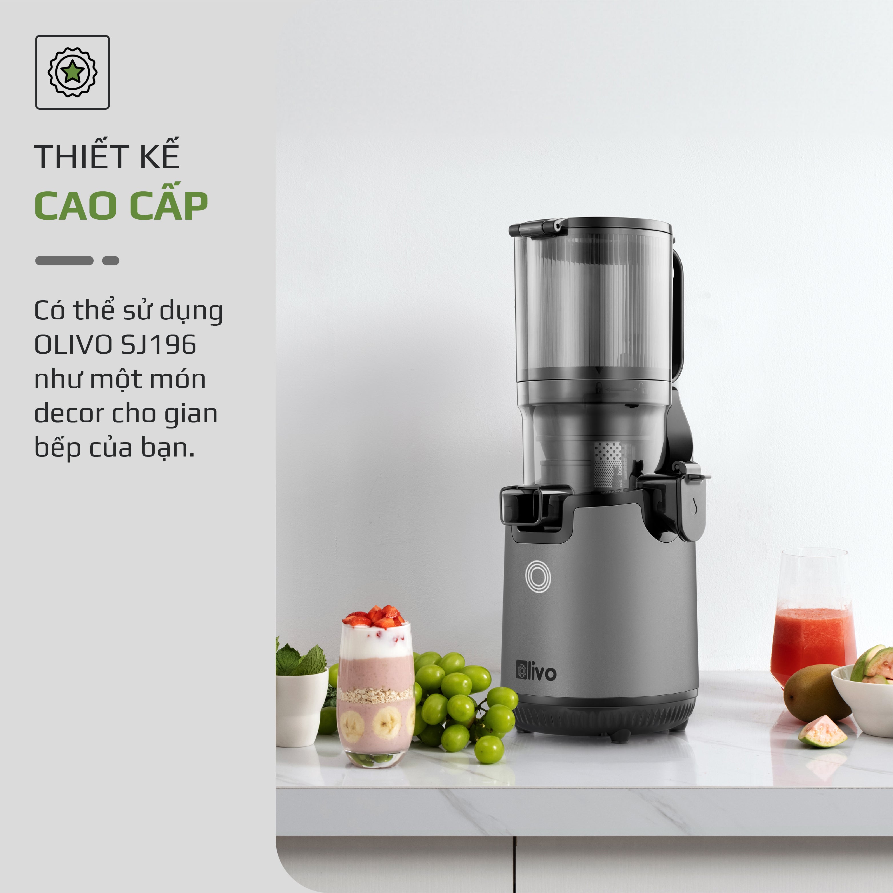 Máy Ép Chậm OLIVO SJ196 Titanium - Ép Trái Cây Nguyên Quả - Động Cơ AC Cao Cấp, Êm Nhất Thị Trường