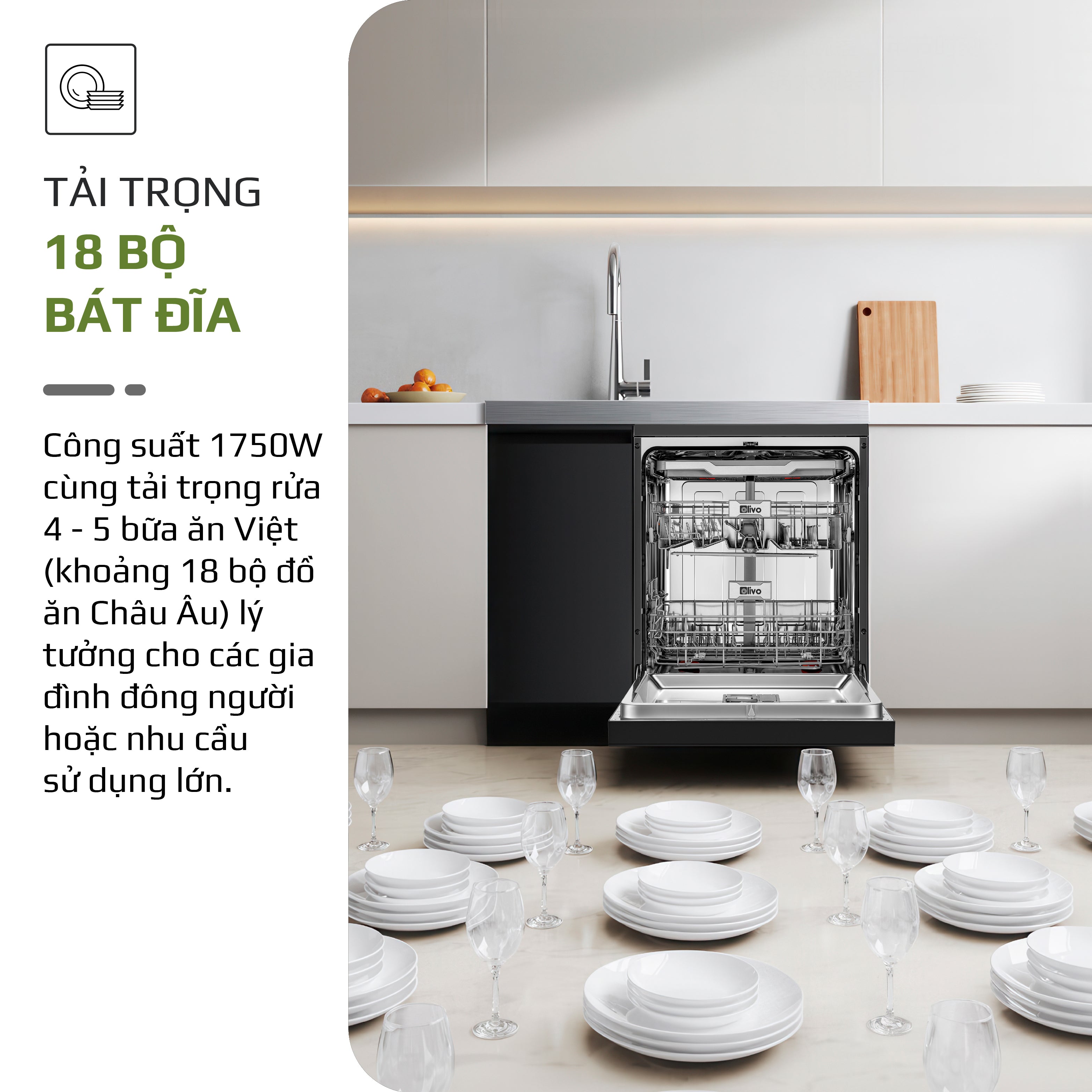 Máy Rửa Bát OLIVO DW18 - 3 Giỏ Linh Hoạt - Tải Trọng 18 Bộ Bát Đĩa - Sấy Turbo EcoDry - Rửa Hydro360 Wash -16 Chương Trình - Khử Khuẩn UV