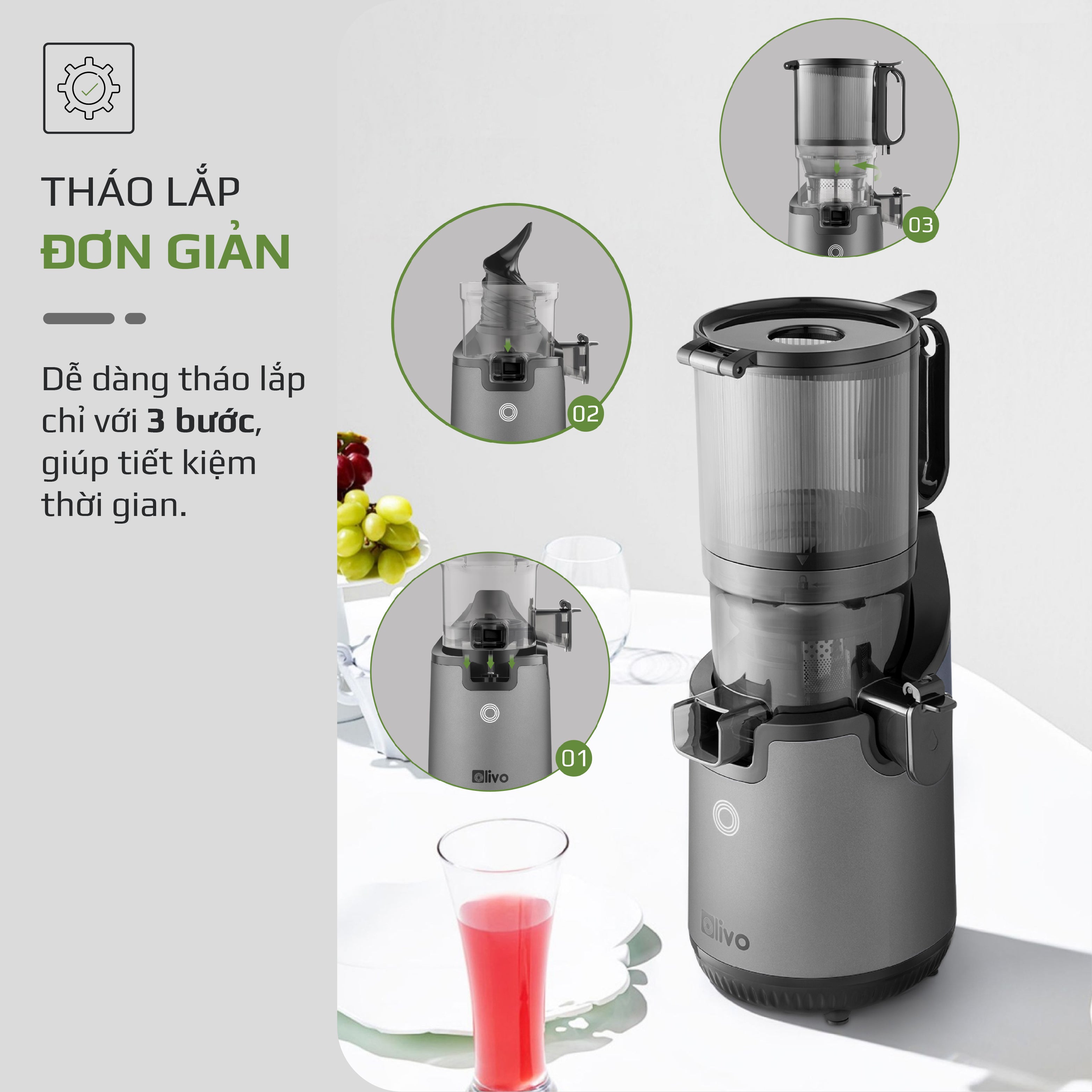 Máy Ép Chậm OLIVO SJ196 Titanium - Ép Trái Cây Nguyên Quả - Động Cơ AC Cao Cấp, Êm Nhất Thị Trường