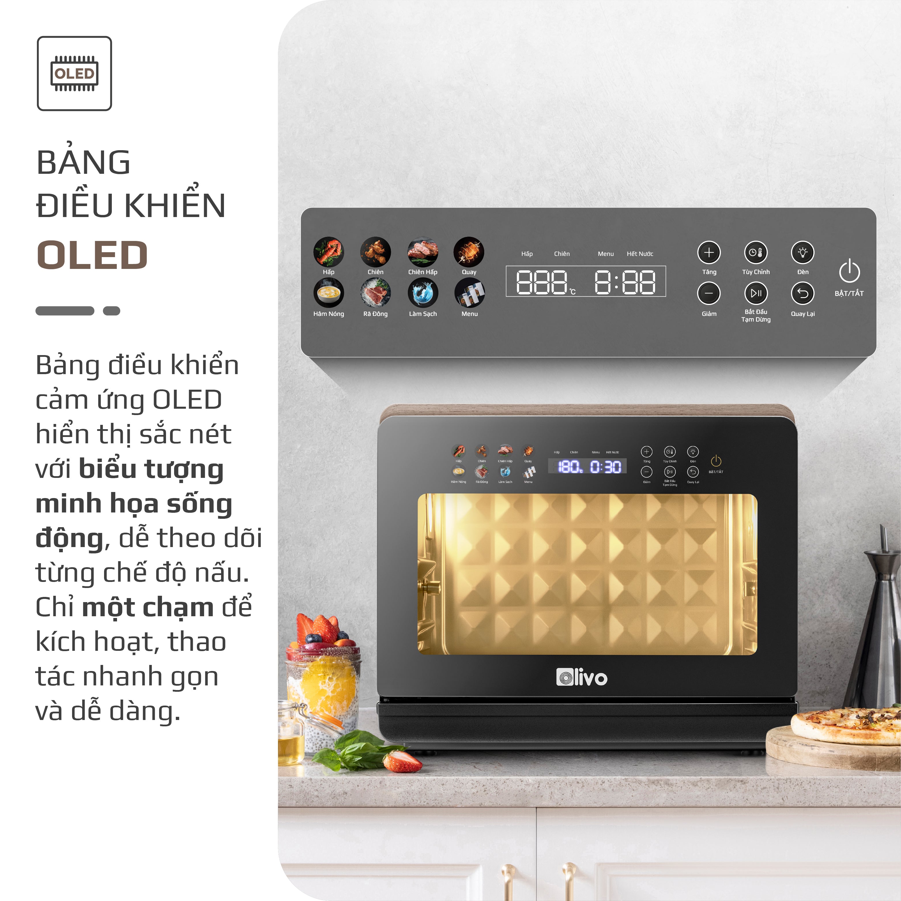 Nồi Chiên Hấp Đa Năng OLIVO SteamFry Xtra – Phiên Bản Cao Cấp, Bảng Điều Khiển OLED, Dung tích vượt trội 20L, Hấp Nano Steam/Chiên Eco Fry thế hệ thứ 2, 70 Chế Độ Cài Sẵn, Vệ Sinh Dễ Dàng