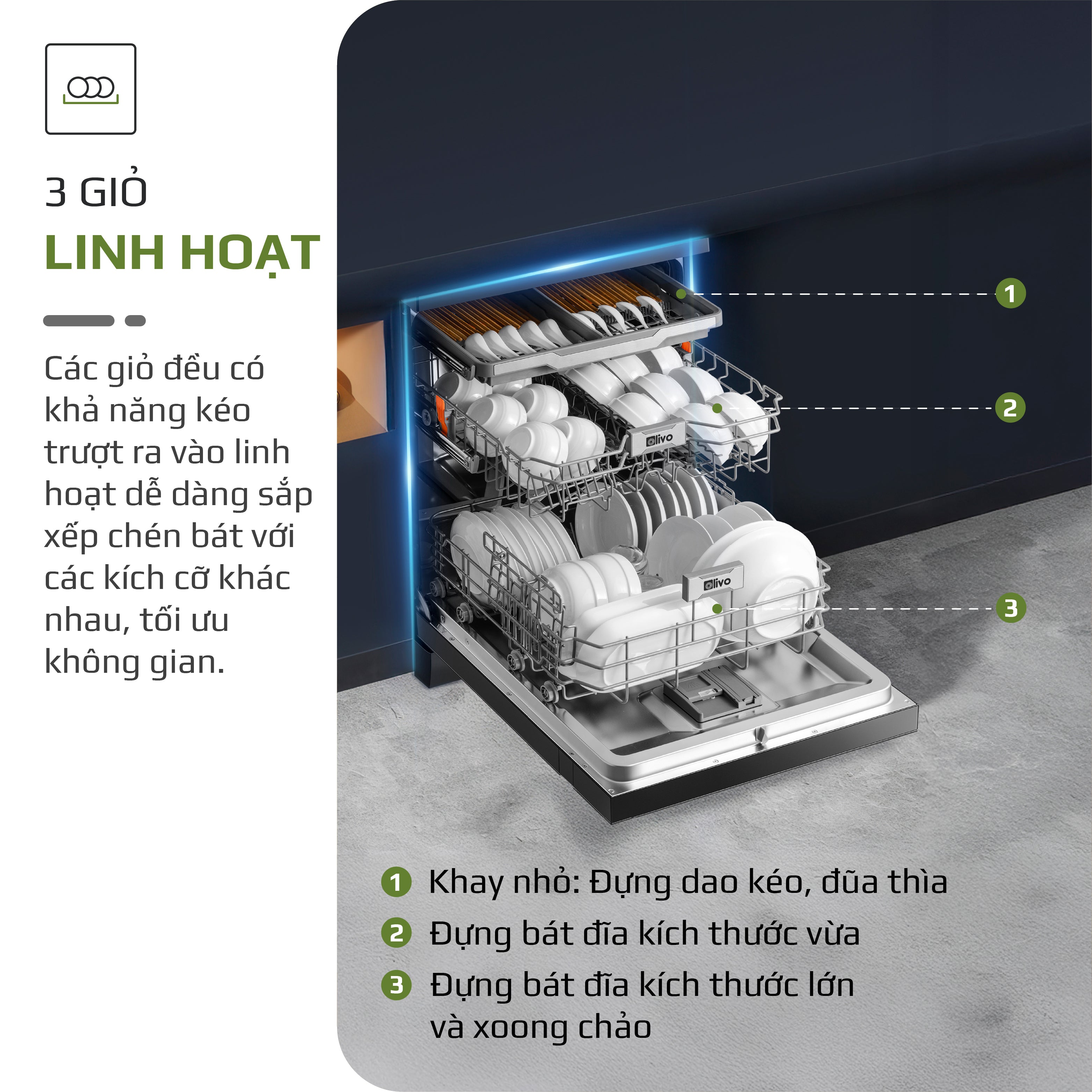Máy Rửa Bát OLIVO DW18 - 3 Giỏ Linh Hoạt - Tải Trọng 18 Bộ Bát Đĩa - Sấy Turbo EcoDry - Rửa Hydro360 Wash -16 Chương Trình - Khử Khuẩn UV