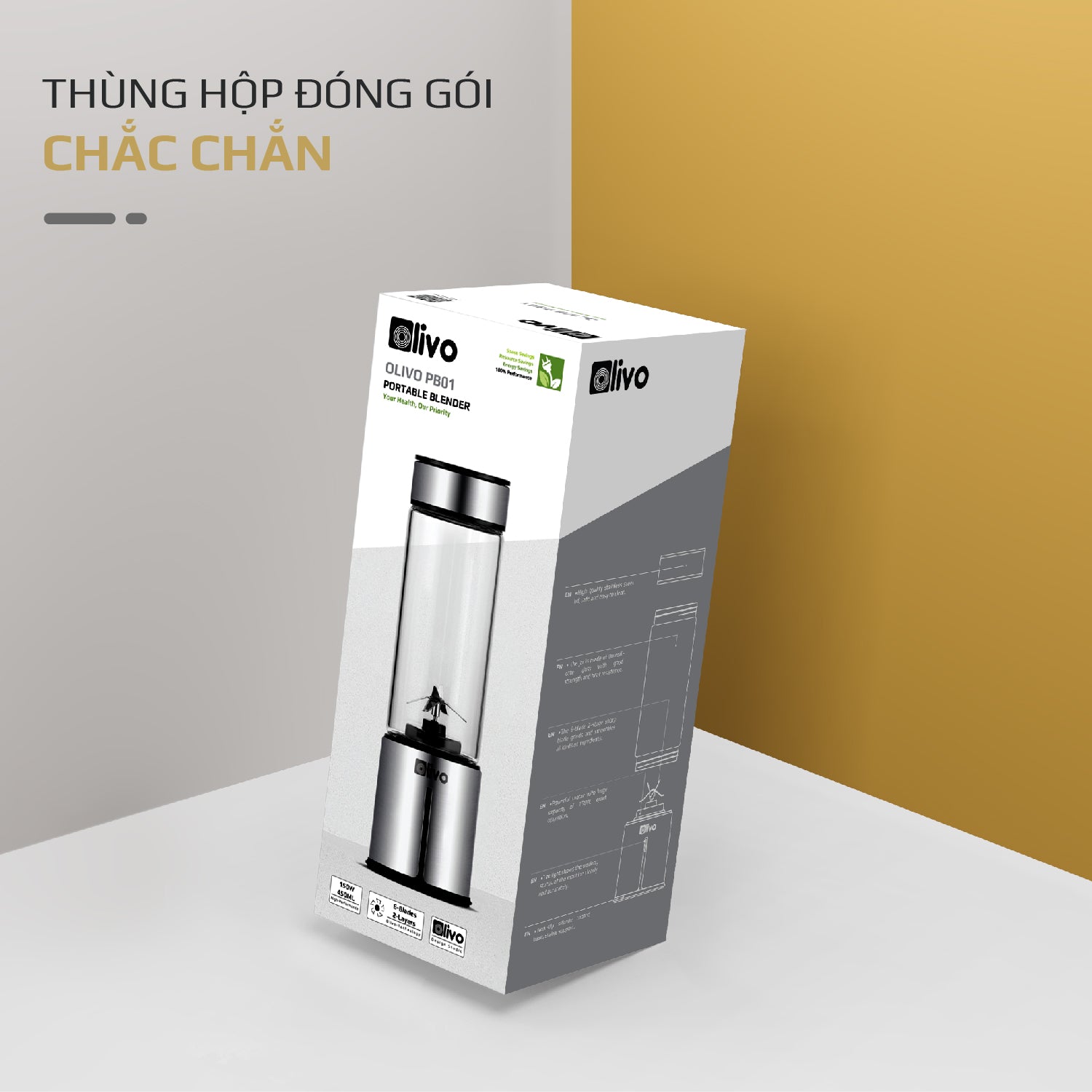 Máy Xay Sinh Tố Cầm Tay OLIVO PB01 – Xay Được Đá Viên, Sạc Pin Sử Dụng Không Cần Dây – Nhỏ Gọn, Cao Cấp, Tiện Lợi, Dung Tích 450ML