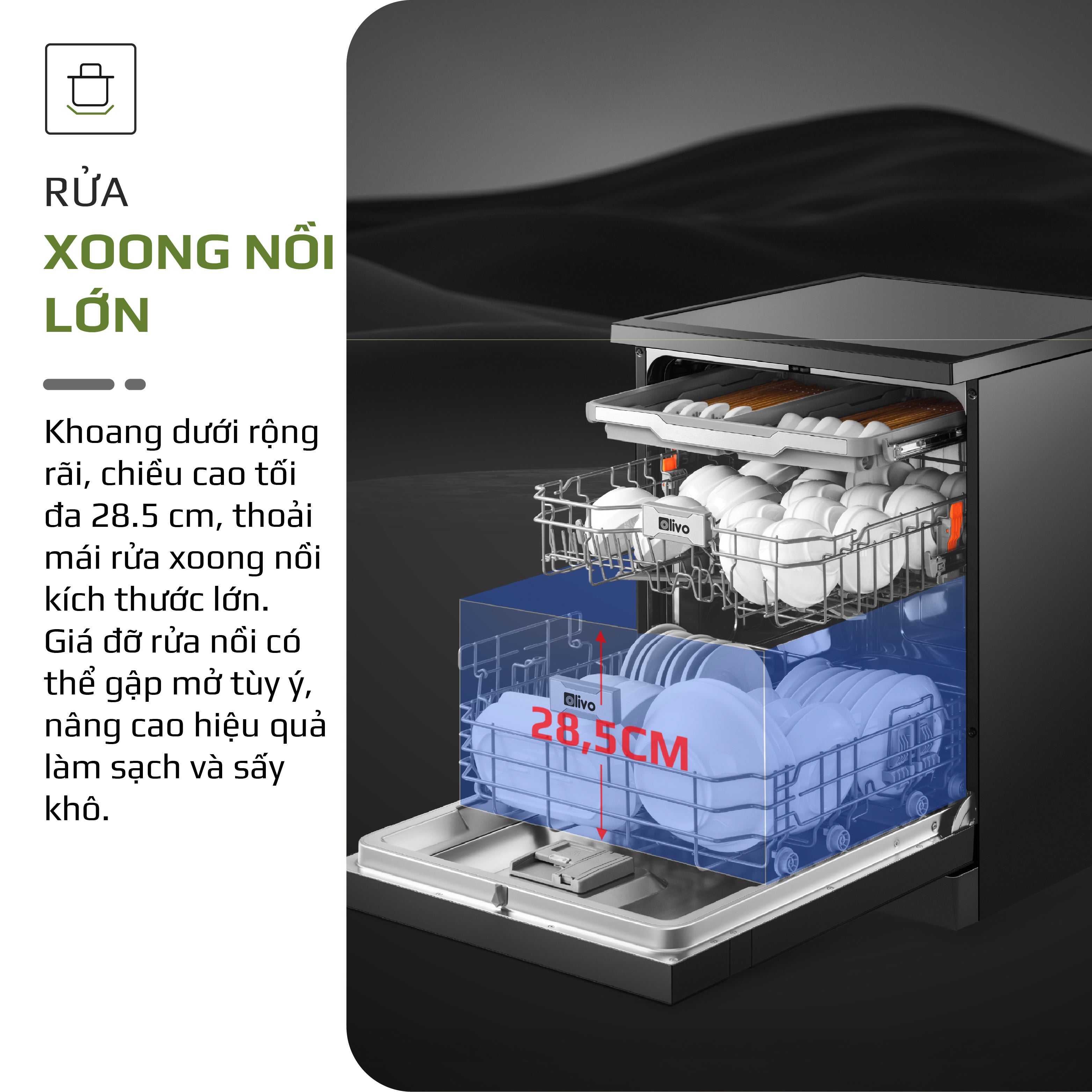 Máy Rửa Bát OLIVO DW18 - 3 Giỏ Linh Hoạt - Tải Trọng 18 Bộ Bát Đĩa - Sấy Turbo EcoDry - Rửa Hydro360 Wash -16 Chương Trình - Khử Khuẩn UV