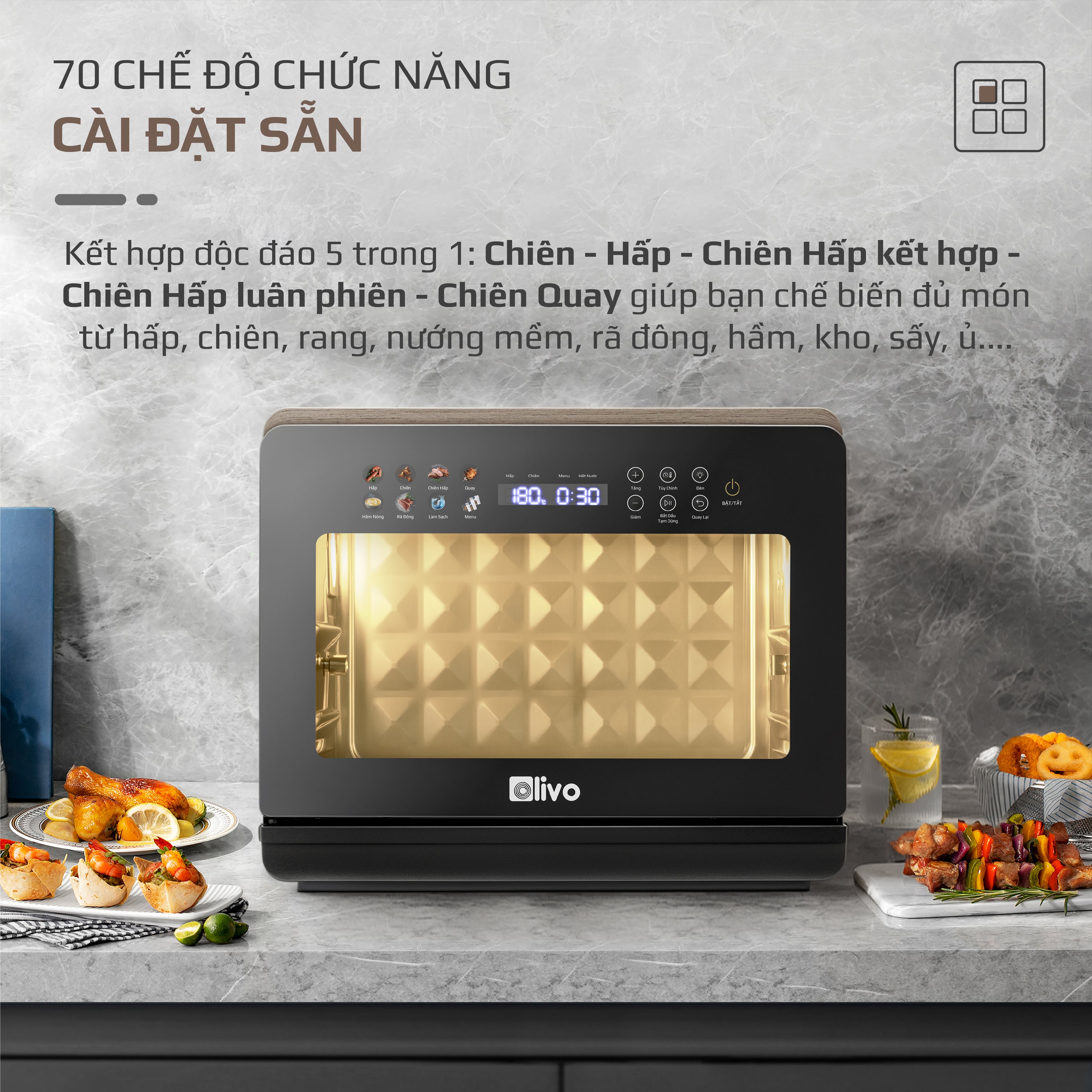 Nồi Chiên Hấp Đa Năng OLIVO SteamFry Xtra – Phiên Bản Cao Cấp, Bảng Điều Khiển OLED, Dung tích vượt trội 20L, Hấp Nano Steam/Chiên Eco Fry thế hệ thứ 2, 70 Chế Độ Cài Sẵn, Vệ Sinh Dễ Dàng