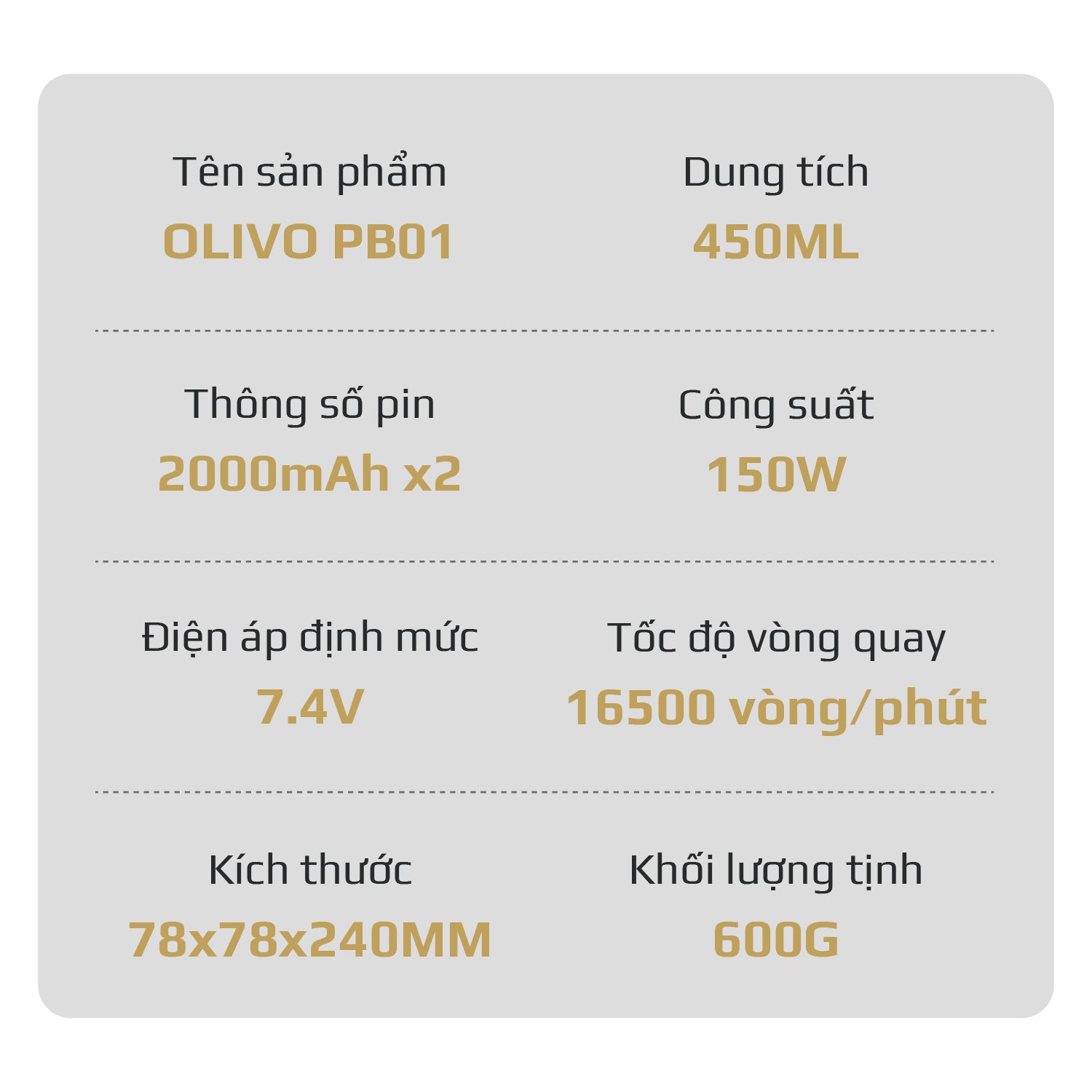 Máy Xay Sinh Tố Cầm Tay OLIVO PB01 – Xay Được Đá Viên, Sạc Pin Sử Dụng Không Cần Dây – Nhỏ Gọn, Cao Cấp, Tiện Lợi, Dung Tích 450ML