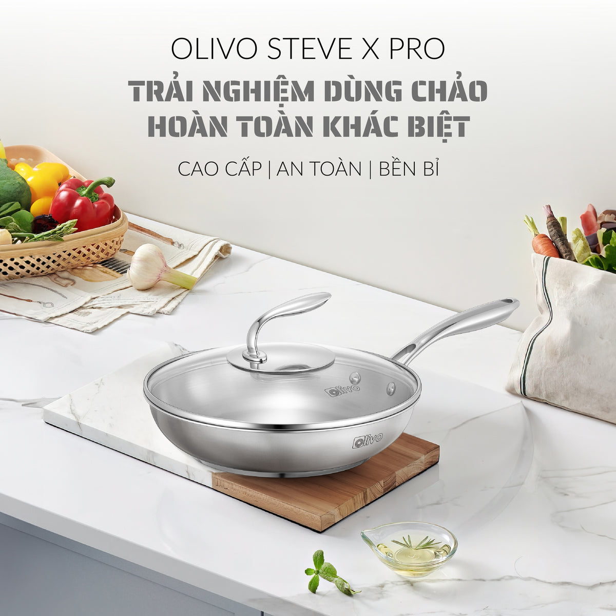 Chảo INOX OLIVO STEVE X PRO - Chống Dính Tự Nhiên, Đáy 5 Lớp, Đường Kính 24cm – Nấu Được Trên Mọi Loại Bếp