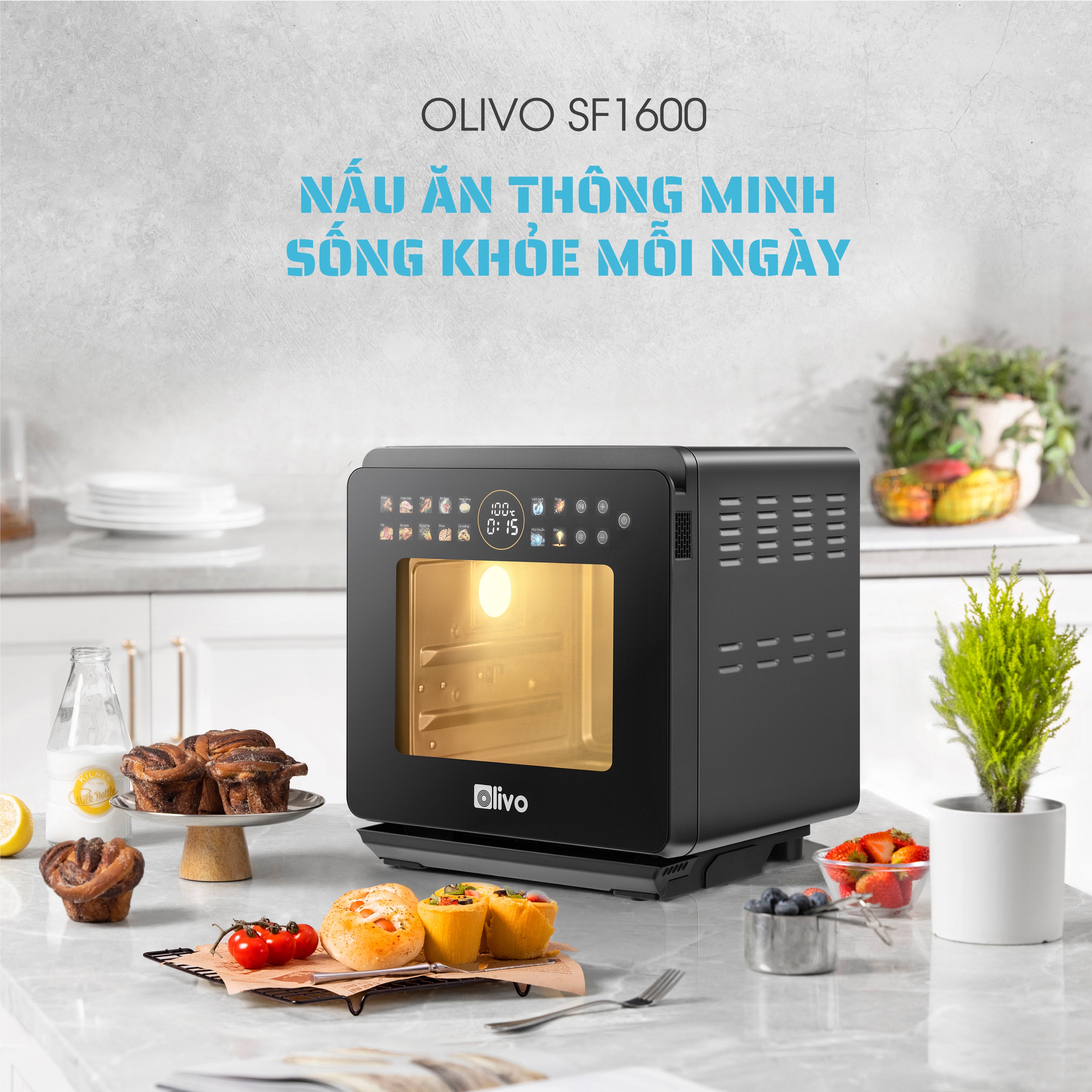 Nồi Chiên Hấp Đa Năng OLIVO SF1600 - Phiên bản Đặc Biệt cao cấp nhất, Màn hình OLED hiện đại, 70 chế độ cài sẵn, Dung tích 16L, Vệ sinh dễ dàng