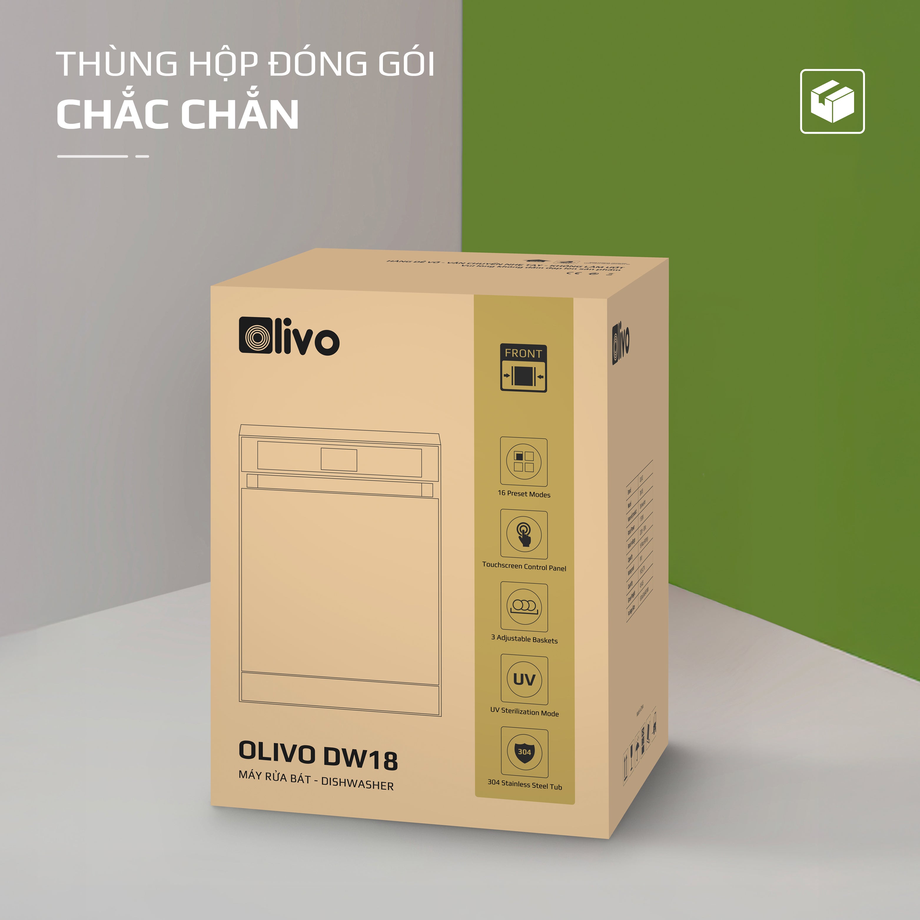 Máy Rửa Bát OLIVO DW18 - 3 Giỏ Linh Hoạt - Tải Trọng 18 Bộ Bát Đĩa - Sấy Turbo EcoDry - Rửa Hydro360 Wash -16 Chương Trình - Khử Khuẩn UV