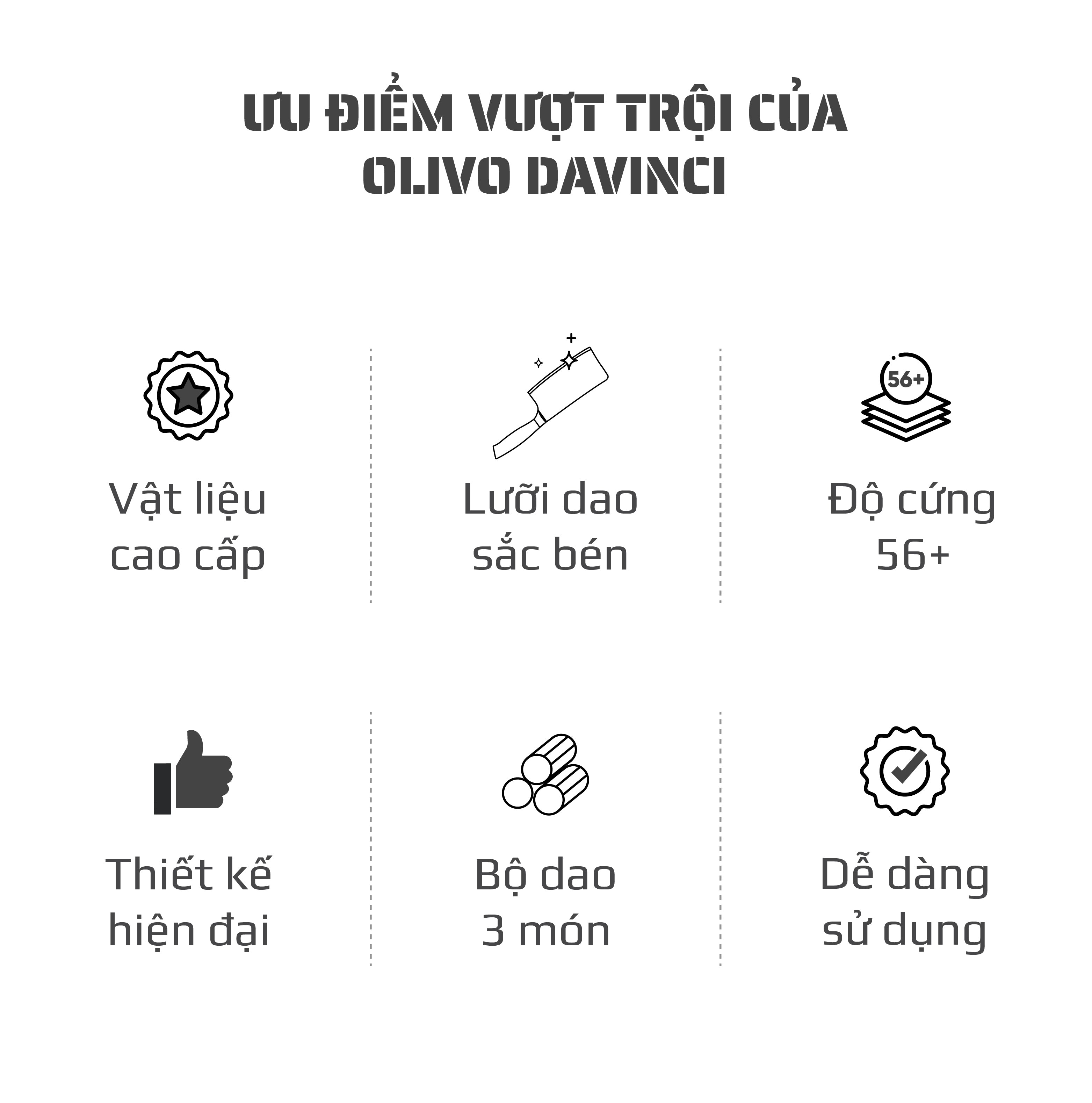 Bộ Dao 3 Món OLIVO DAVINCI - Vật Liệu Cao Cấp - Lưỡi Dao Sắc Bén - Thiết Kế Công Thái Học - Chuôi INOX 430 Siêu Bền