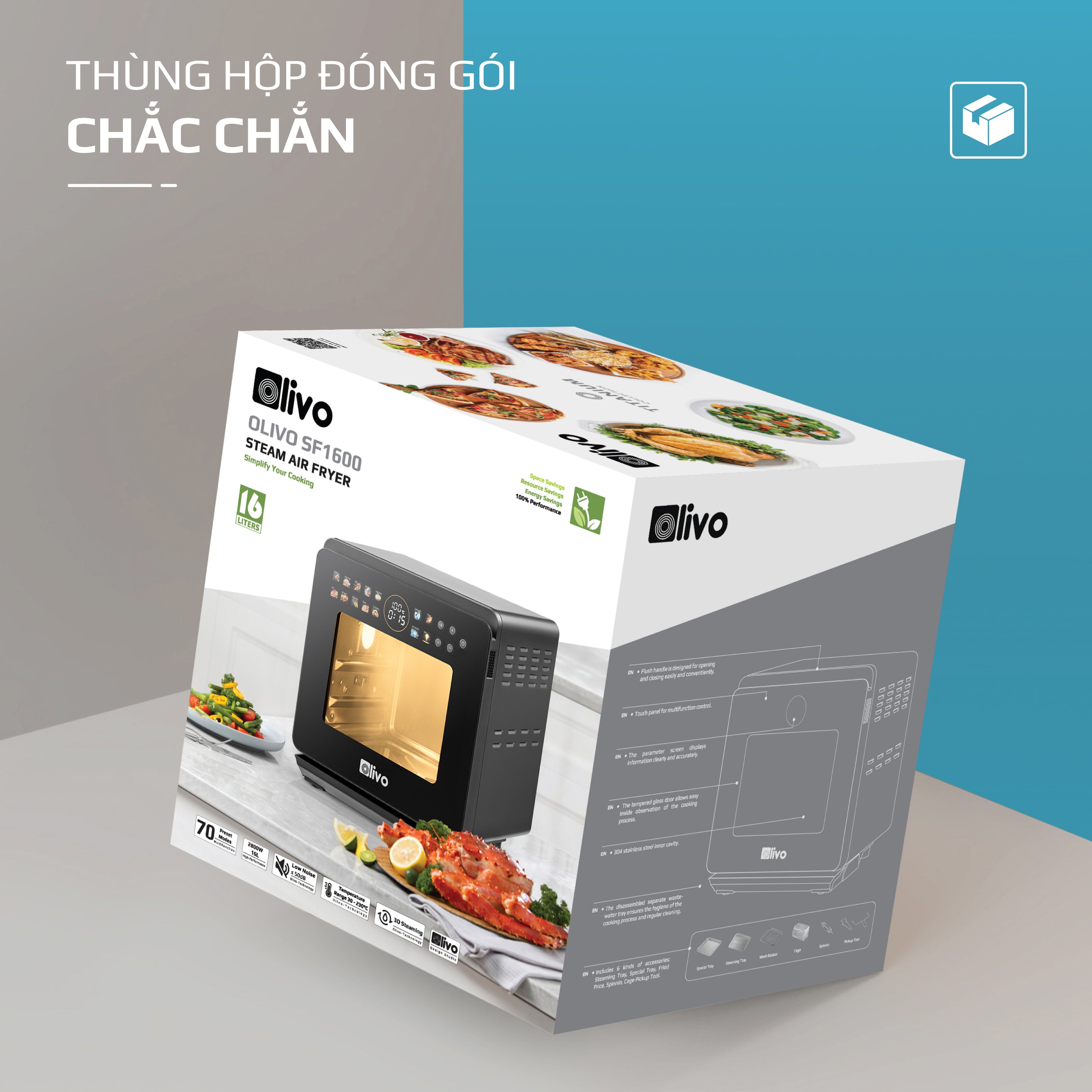 Nồi Chiên Hấp Đa Năng OLIVO SF1600 - Phiên bản Đặc Biệt cao cấp nhất, Màn hình OLED hiện đại, 70 chế độ cài sẵn, Dung tích 16L, Vệ sinh dễ dàng