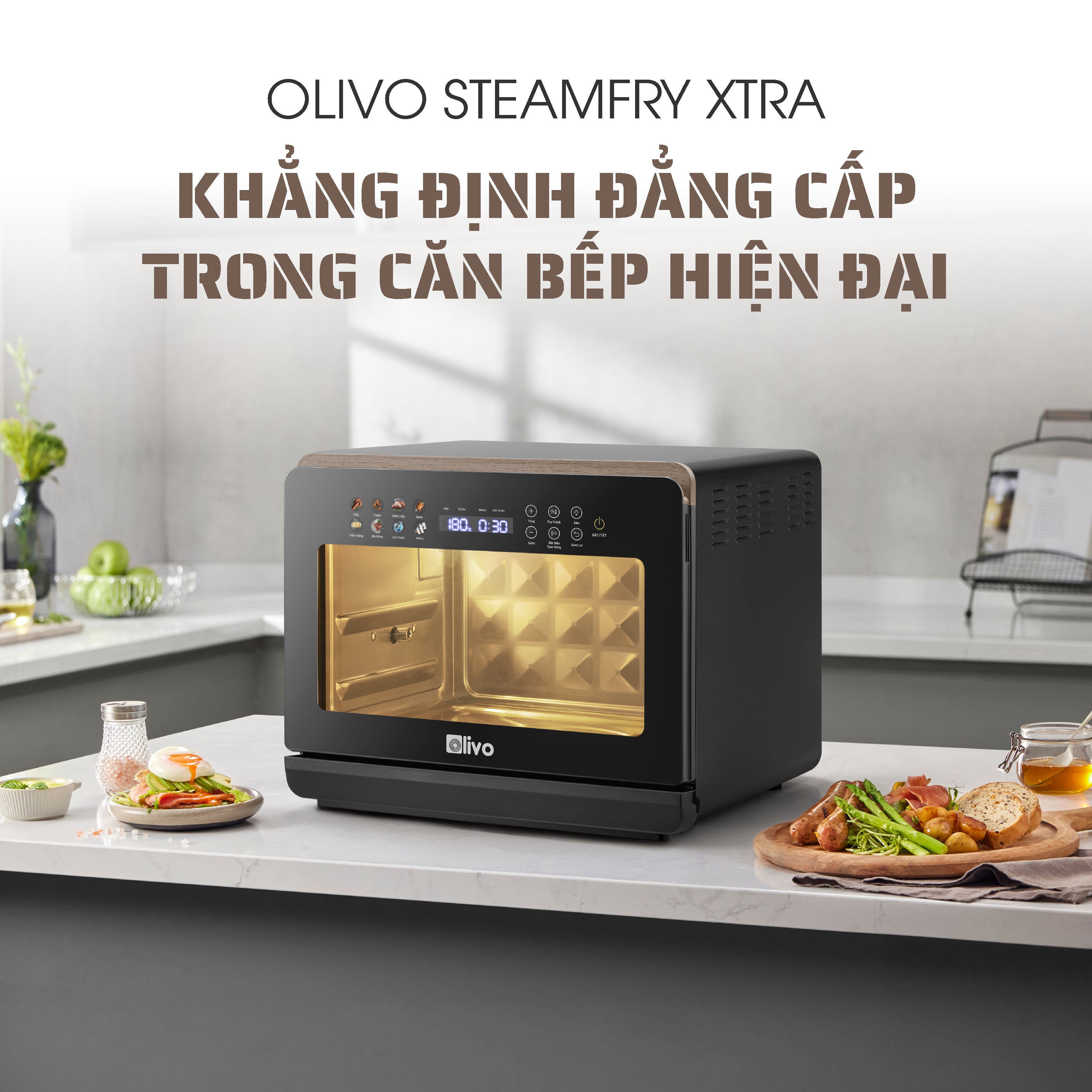 Nồi Chiên Hấp Đa Năng OLIVO SteamFry Xtra – Phiên Bản Cao Cấp, Bảng Điều Khiển OLED, Dung tích vượt trội 20L, Hấp Nano Steam/Chiên Eco Fry thế hệ thứ 2, 70 Chế Độ Cài Sẵn, Vệ Sinh Dễ Dàng