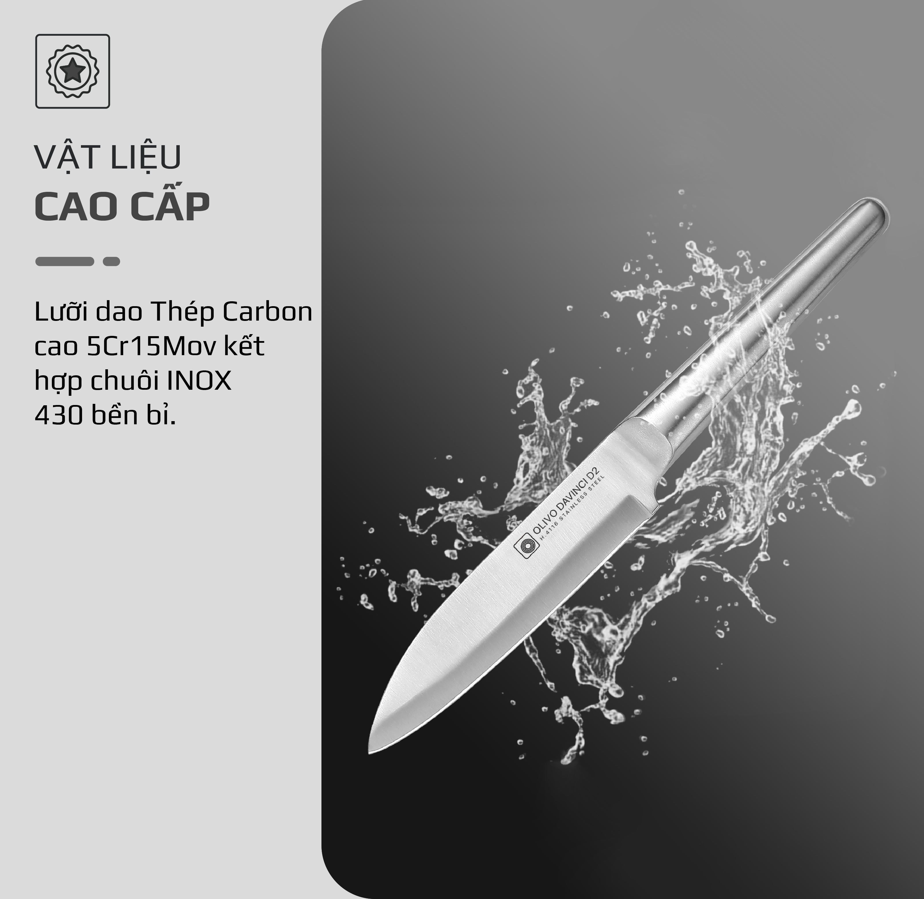 Bộ Dao 3 Món OLIVO DAVINCI - Vật Liệu Cao Cấp - Lưỡi Dao Sắc Bén - Thiết Kế Công Thái Học - Chuôi INOX 430 Siêu Bền