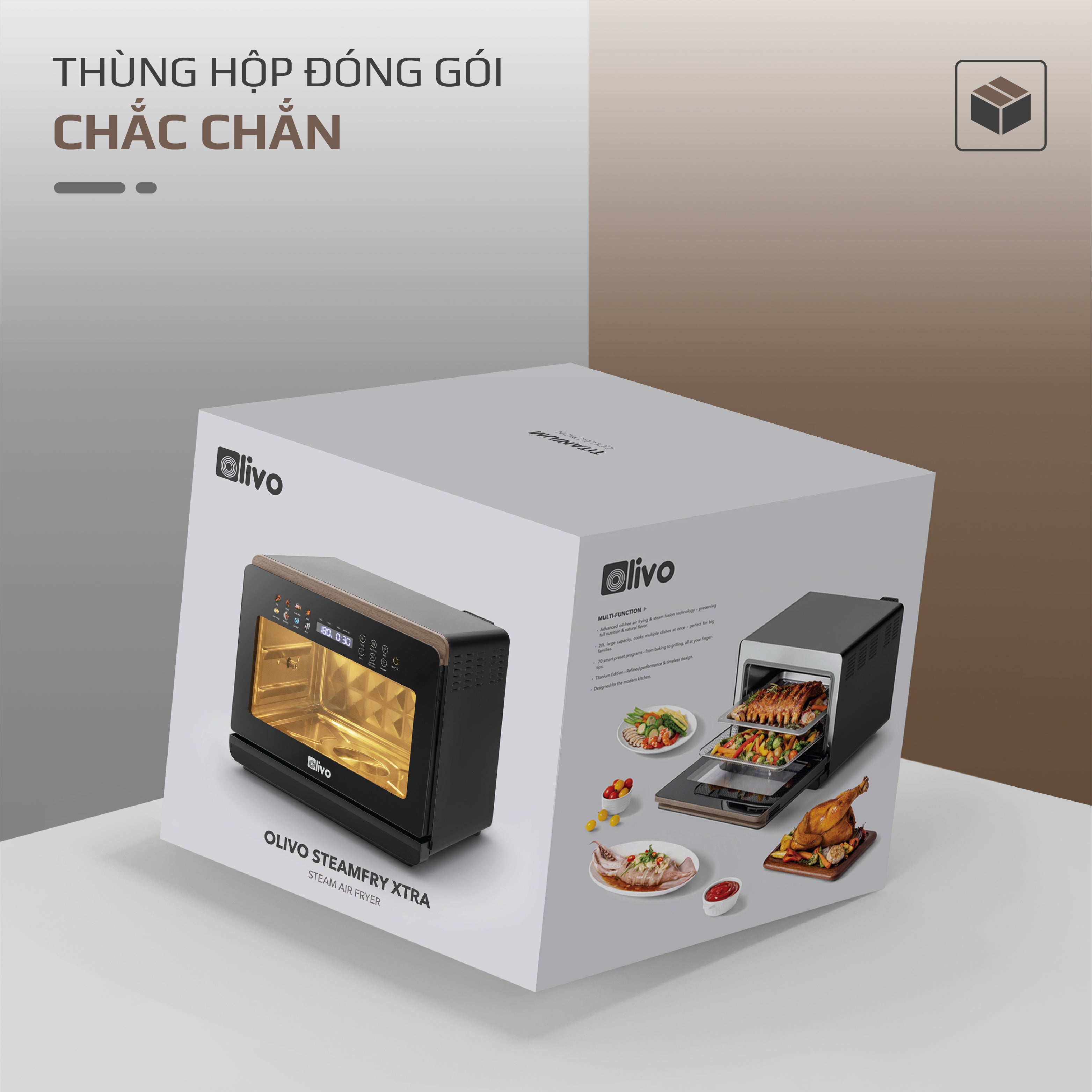 Nồi Chiên Hấp Đa Năng OLIVO SteamFry Xtra – Phiên Bản Cao Cấp, Bảng Điều Khiển OLED, Dung tích vượt trội 20L, Hấp Nano Steam/Chiên Eco Fry thế hệ thứ 2, 70 Chế Độ Cài Sẵn, Vệ Sinh Dễ Dàng