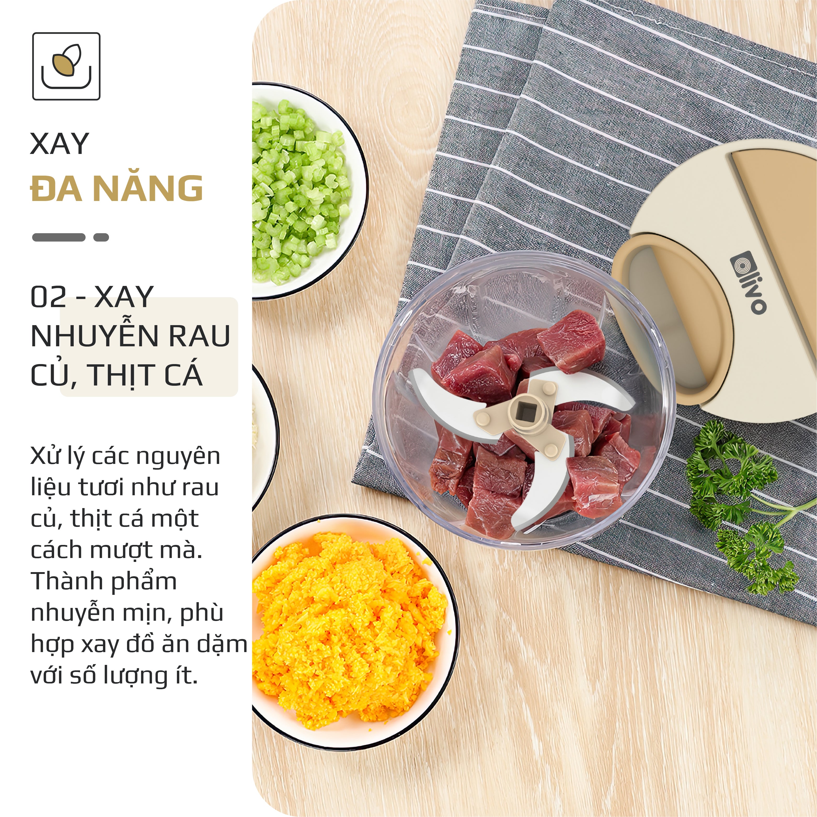 Dụng Cụ Xay Thực Phẩm Đa Năng Mini OLIVO MFC468 – Xay Tỏi Ớt, Xay Thịt, Xay Hạt Tiện Lợi – Nắp Lật Tiện Dụng - Dây Kéo Chắc Chắn – Dung Tích 400ML – Dễ Dàng Vệ Sinh