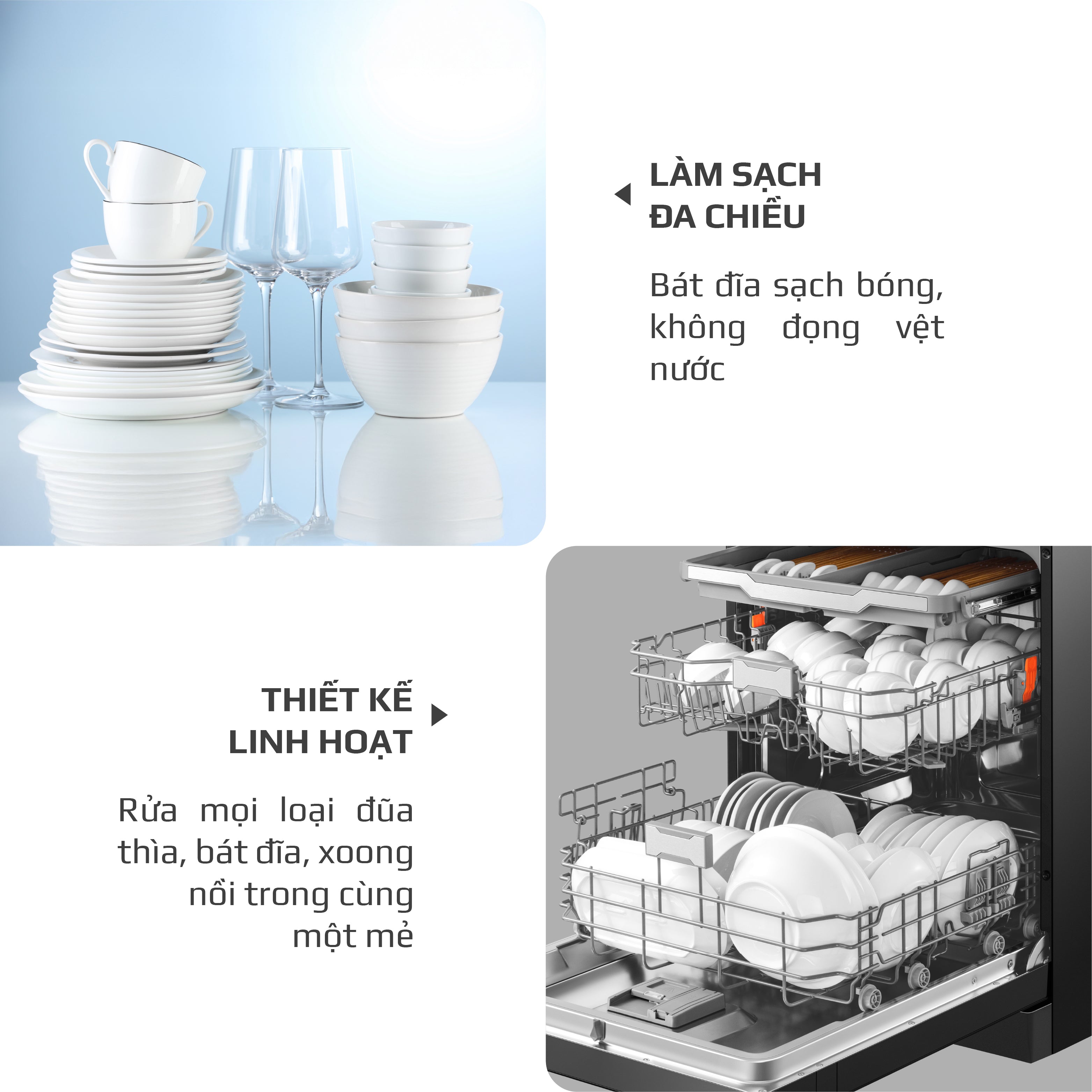 Máy Rửa Bát OLIVO DW18 - 3 Giỏ Linh Hoạt - Tải Trọng 18 Bộ Bát Đĩa - Sấy Turbo EcoDry - Rửa Hydro360 Wash -16 Chương Trình - Khử Khuẩn UV