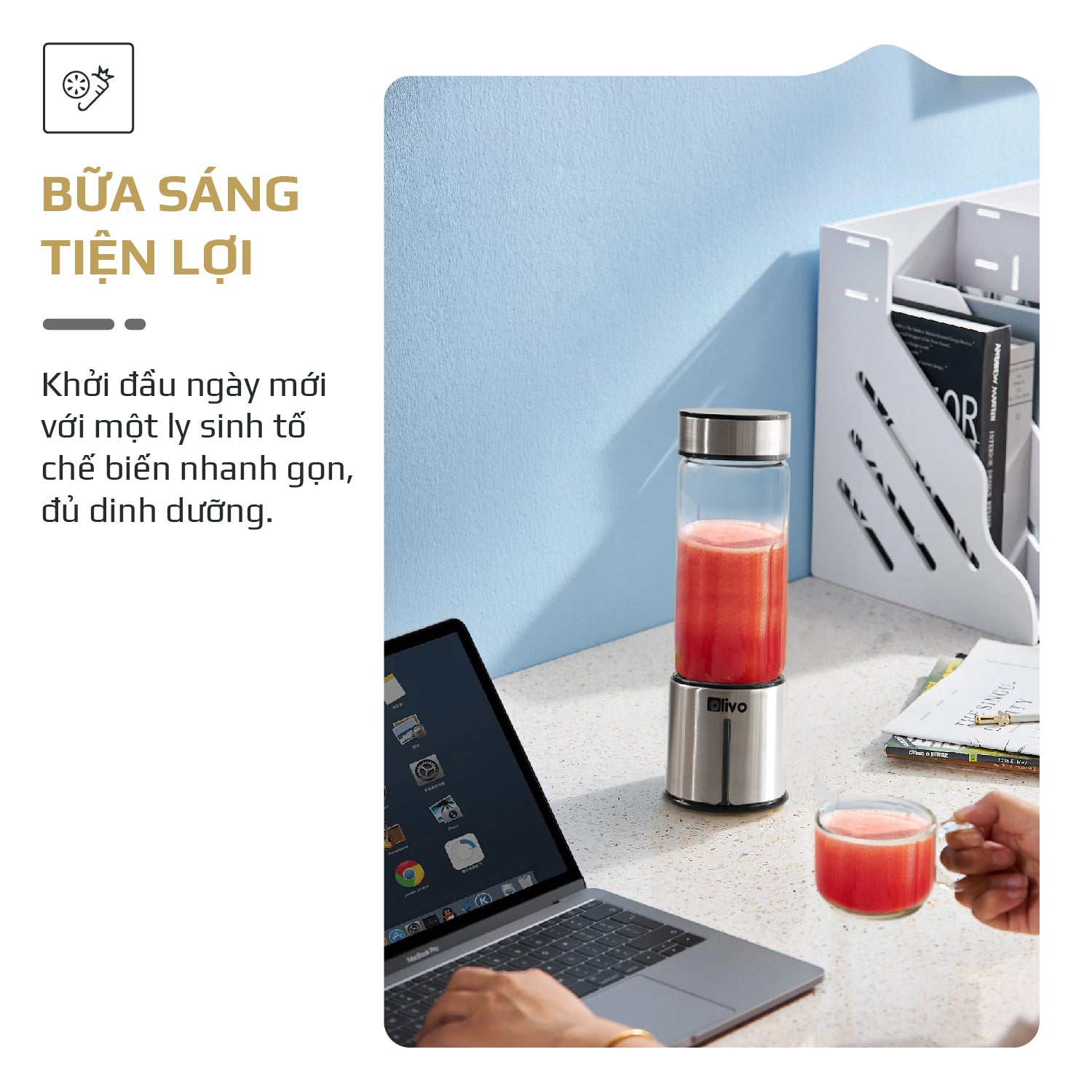 Máy Xay Sinh Tố Cầm Tay OLIVO PB01 – Xay Được Đá Viên, Sạc Pin Sử Dụng Không Cần Dây – Nhỏ Gọn, Cao Cấp, Tiện Lợi, Dung Tích 450ML