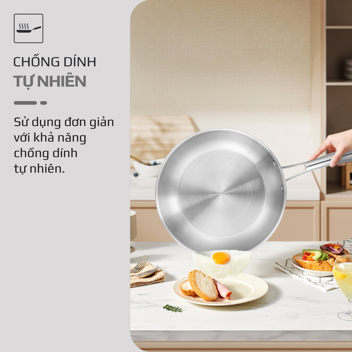 Chảo INOX OLIVO STEVE X PRO - Chống Dính Tự Nhiên, Đáy 5 Lớp, Đường Kính 24cm – Nấu Được Trên Mọi Loại Bếp