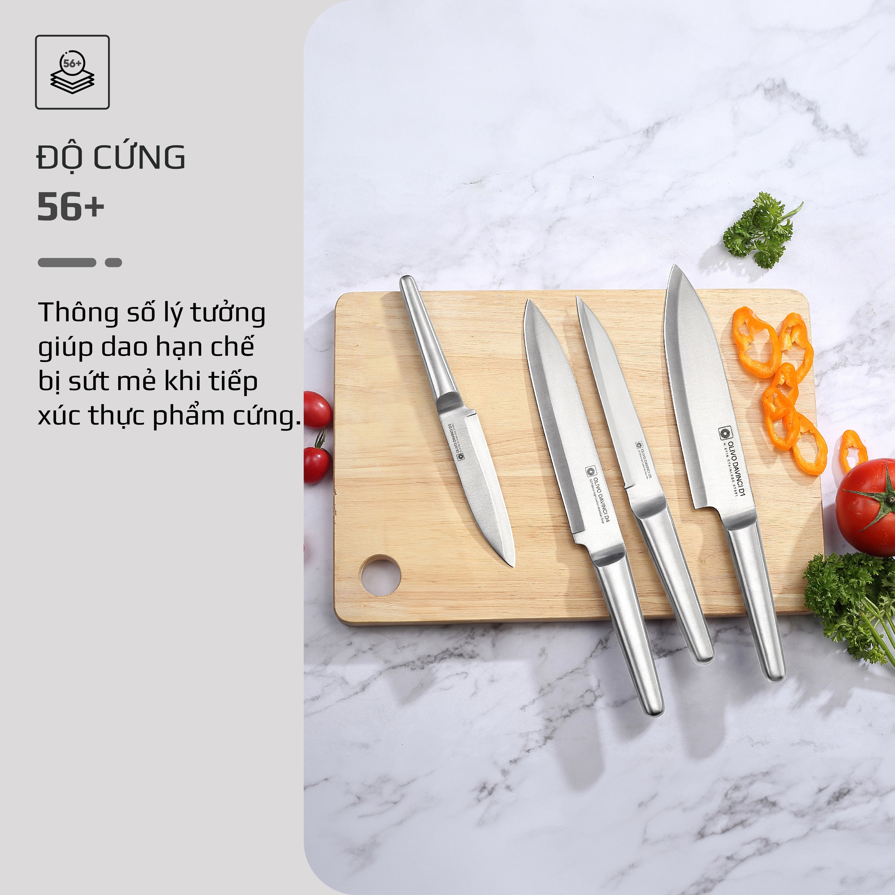 Bộ Dao 3 Món OLIVO DAVINCI - Vật Liệu Cao Cấp - Lưỡi Dao Sắc Bén - Thiết Kế Công Thái Học - Chuôi INOX 430 Siêu Bền