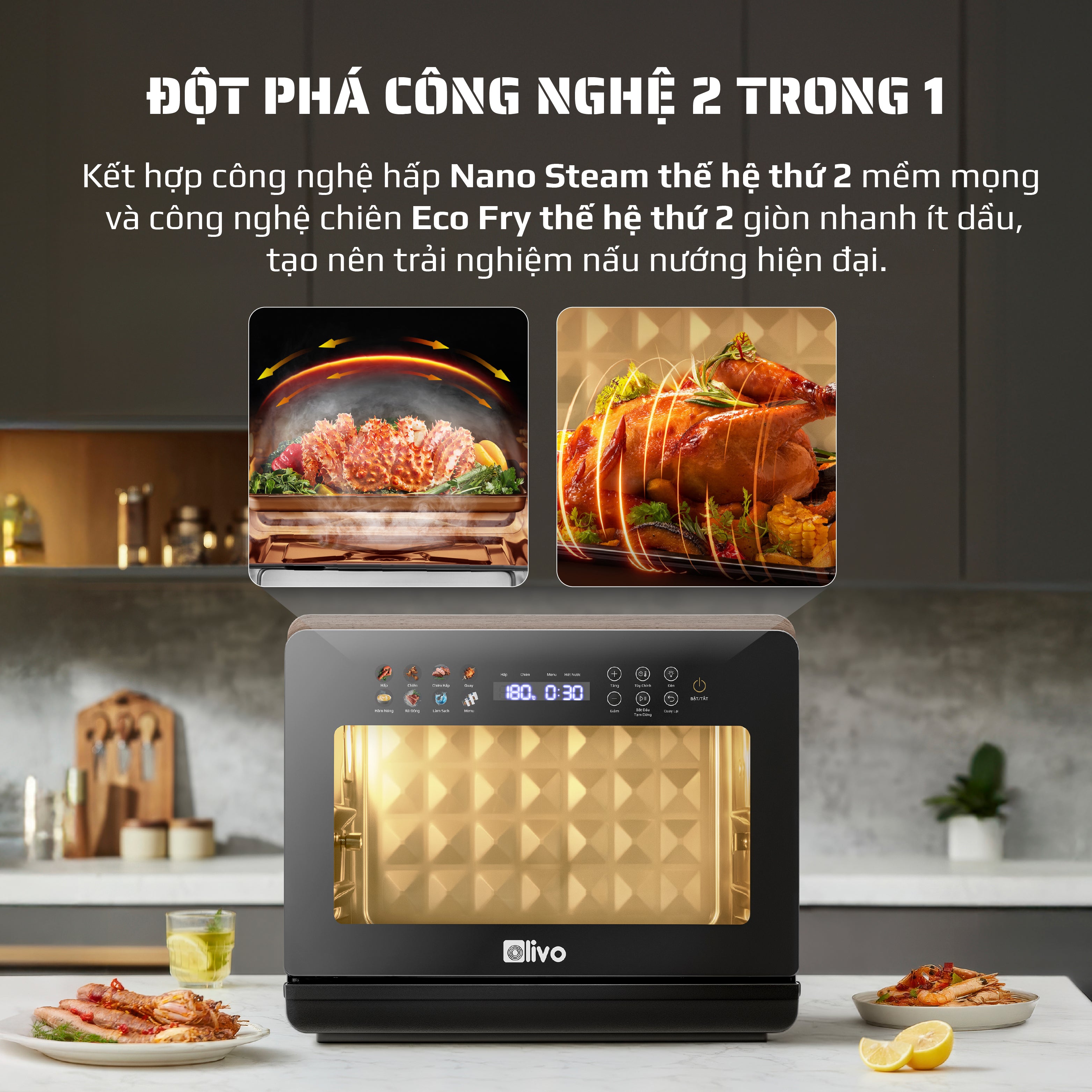 Nồi Chiên Hấp Đa Năng OLIVO SteamFry Xtra – Phiên Bản Cao Cấp, Bảng Điều Khiển OLED, Dung tích vượt trội 20L, Hấp Nano Steam/Chiên Eco Fry thế hệ thứ 2, 70 Chế Độ Cài Sẵn, Vệ Sinh Dễ Dàng