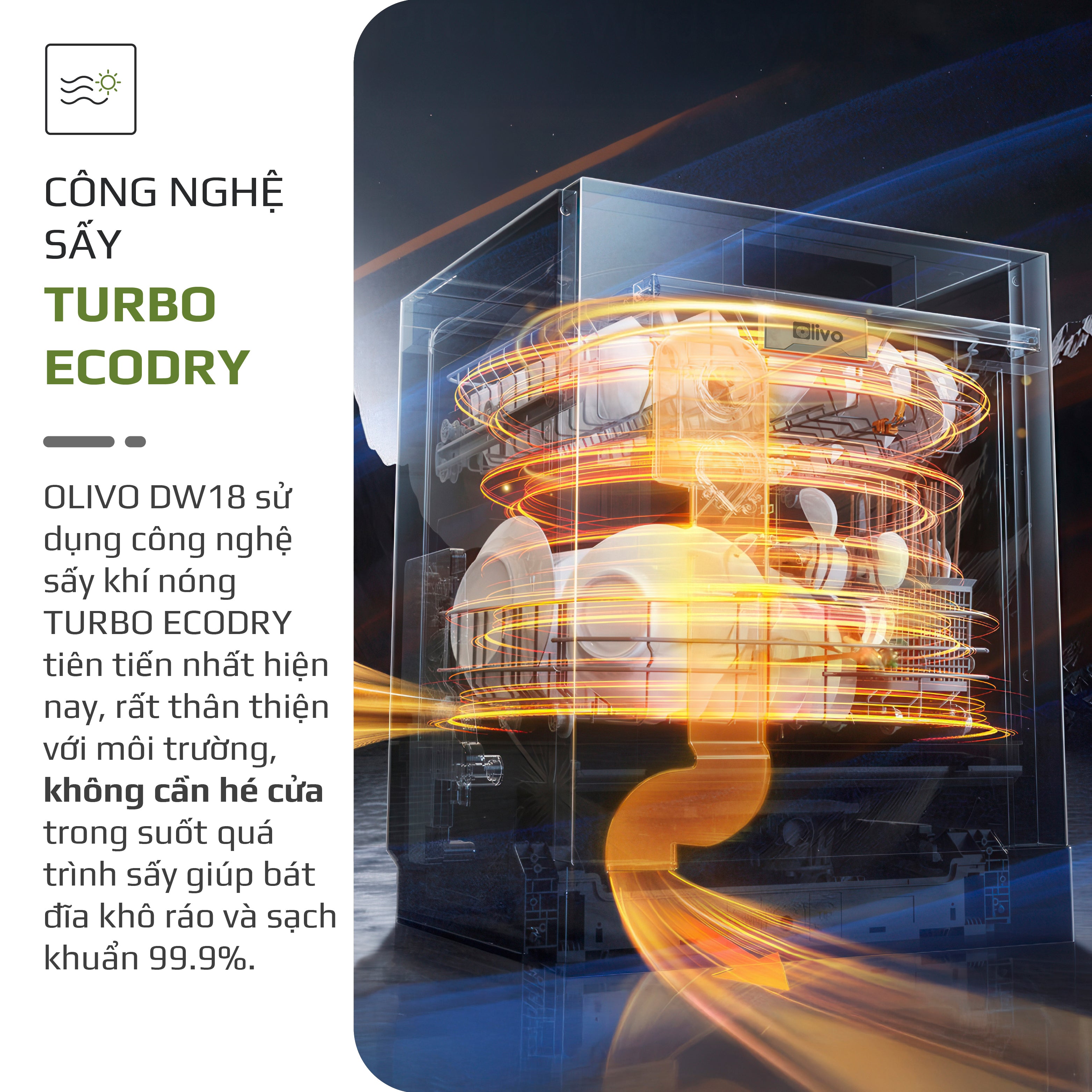 Máy Rửa Bát OLIVO DW18 - 3 Giỏ Linh Hoạt - Tải Trọng 18 Bộ Bát Đĩa - Sấy Turbo EcoDry - Rửa Hydro360 Wash -16 Chương Trình - Khử Khuẩn UV