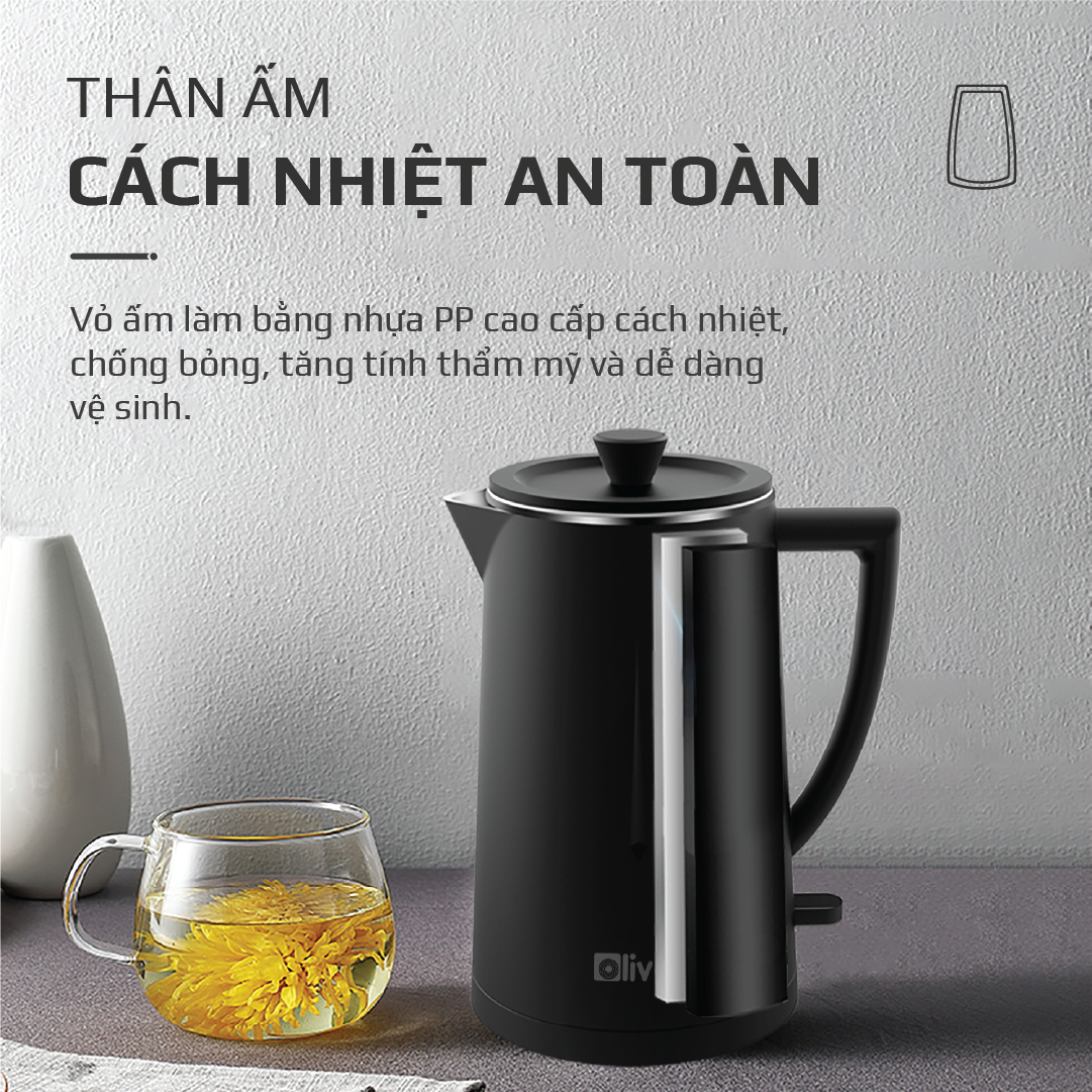 Ấm Siêu Tốc OLIVO EK207 – Thiết Kế Tối Giản Sang Trọng, Bộ Điều Khiển Strix Siêu Bền, Dung Tích 1.7L, Công Suất Lớn 2000W