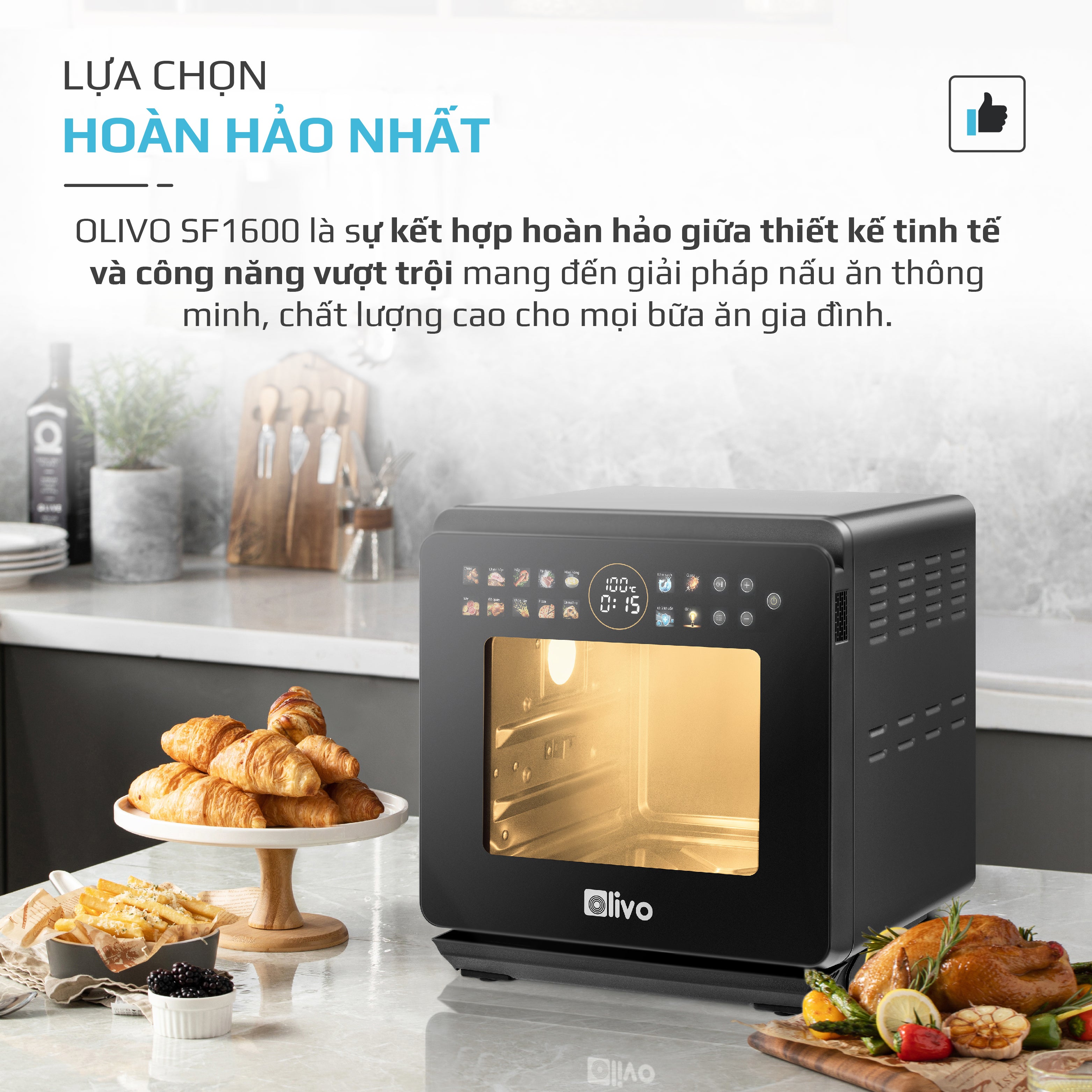 Nồi Chiên Hấp Đa Năng OLIVO SF1600 - Phiên bản Đặc Biệt cao cấp nhất, Màn hình OLED hiện đại, 70 chế độ cài sẵn, Dung tích 16L, Vệ sinh dễ dàng