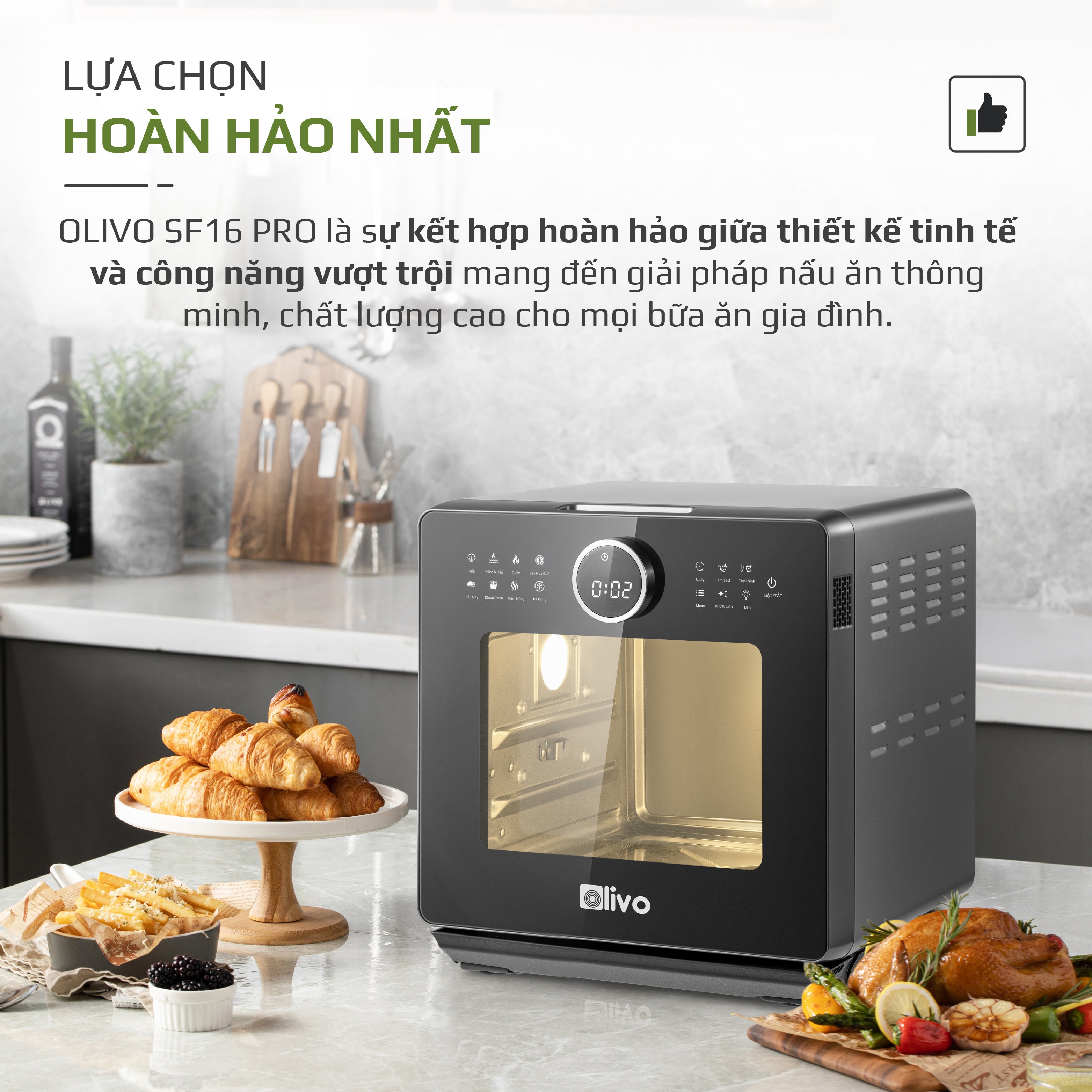 Nồi Chiên Hấp Đa Năng OLIVO SF16 PRO 2025 - 70 Chế Độ Cài Sẵn, Toàn Bộ Khoang Nồi Và Phụ Kiện Bằng Inox 304 Cao Cấp, Dung Tích 16L, Vệ Sinh Dễ Dàng