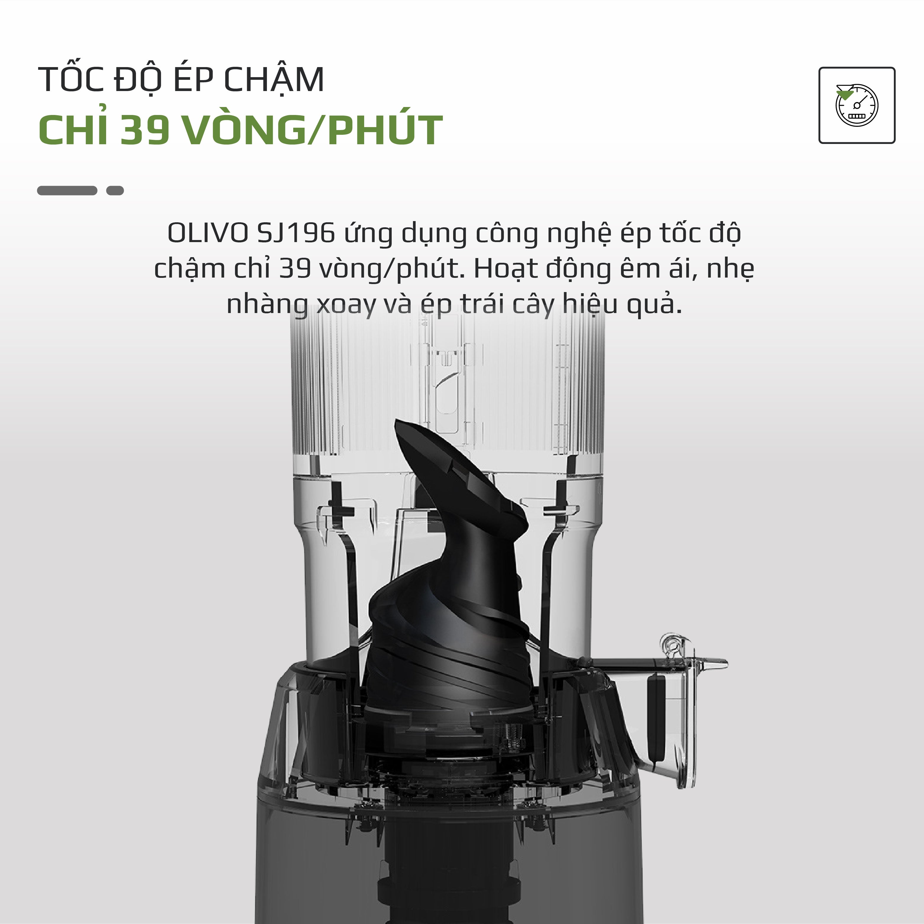 Máy Ép Chậm OLIVO SJ196 Titanium - Ép Trái Cây Nguyên Quả - Động Cơ AC Cao Cấp, Êm Nhất Thị Trường
