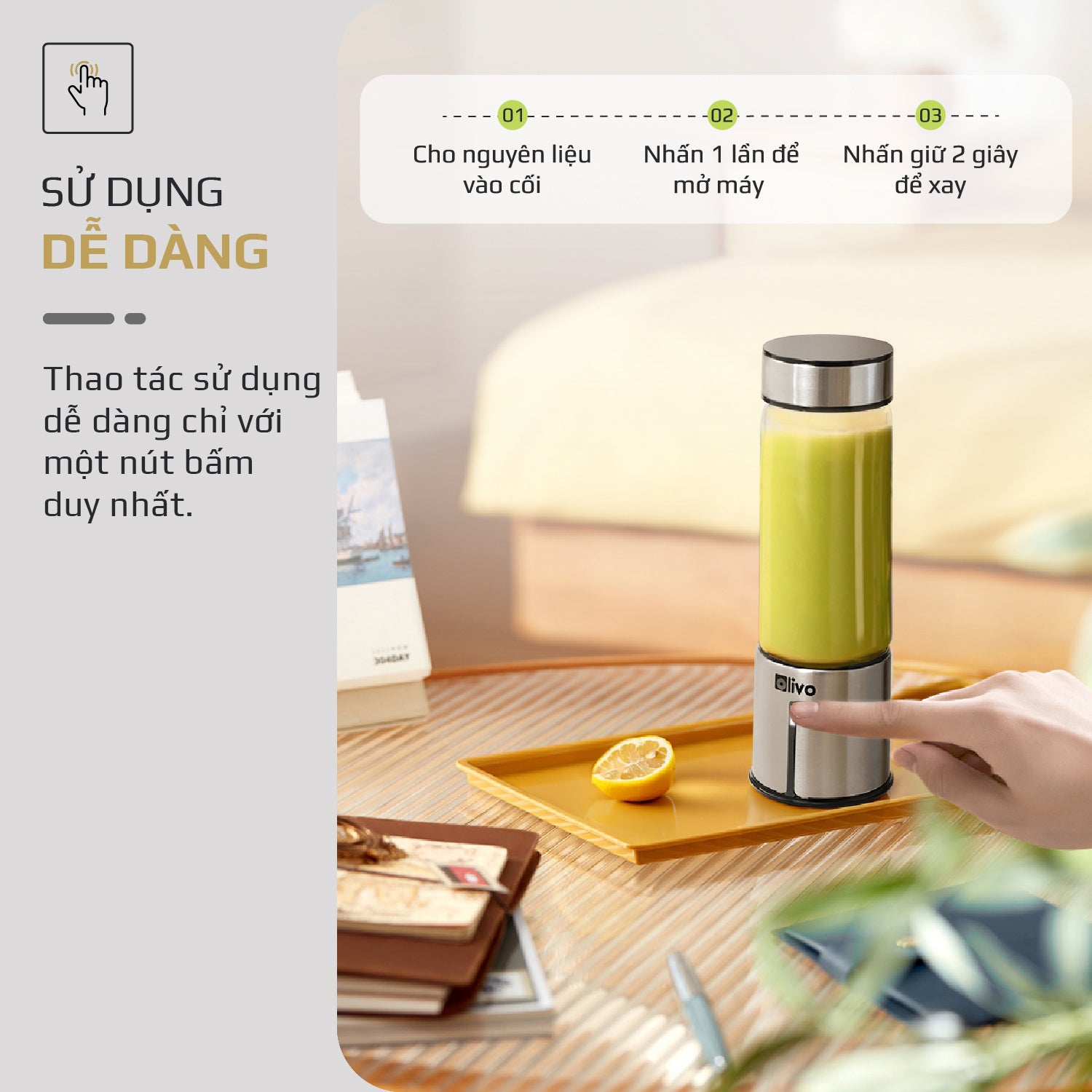 Máy Xay Sinh Tố Cầm Tay OLIVO PB01 – Xay Được Đá Viên, Sạc Pin Sử Dụng Không Cần Dây – Nhỏ Gọn, Cao Cấp, Tiện Lợi, Dung Tích 450ML