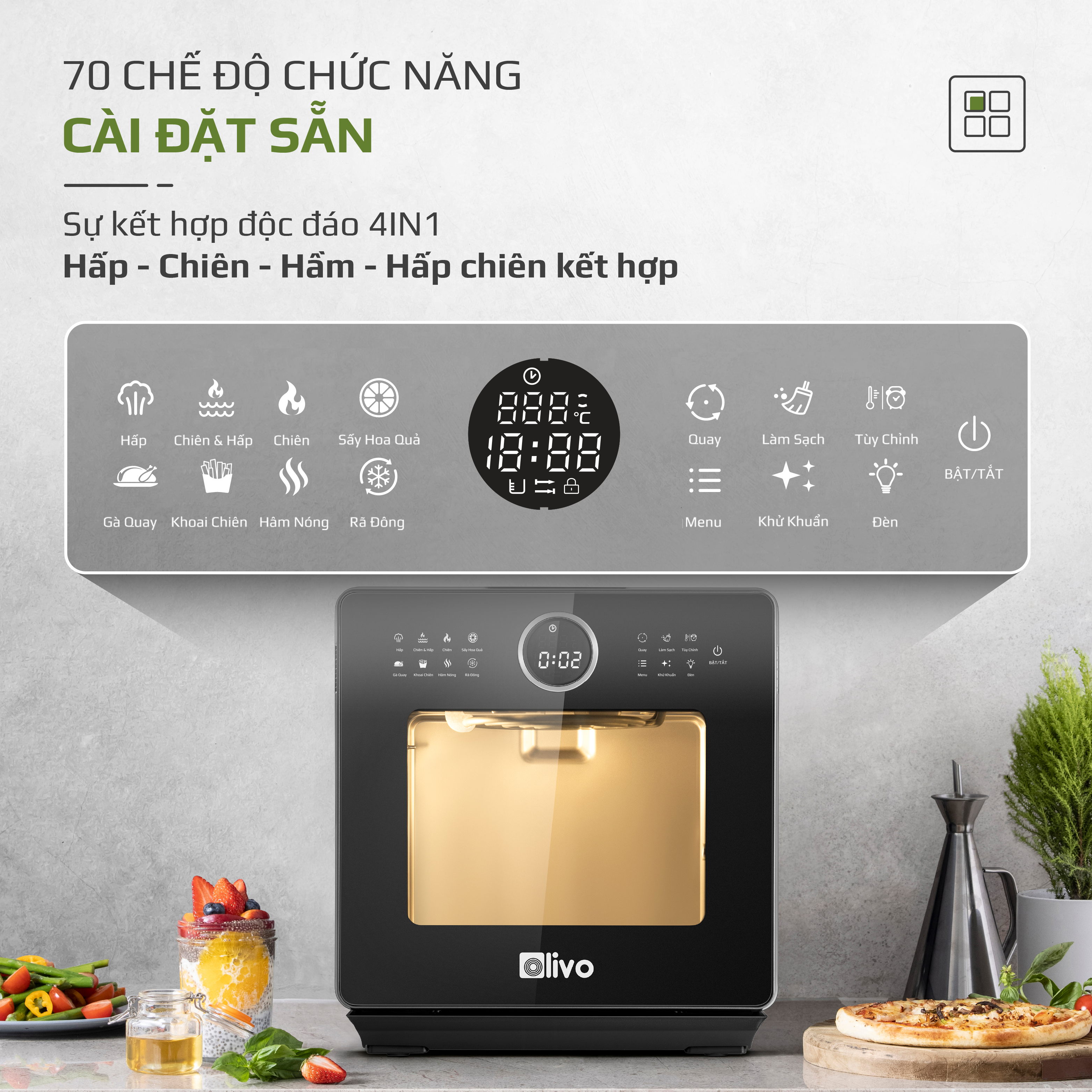 Nồi Chiên Hấp Đa Năng OLIVO SF16 PRO 2025 - 70 Chế Độ Cài Sẵn, Toàn Bộ Khoang Nồi Và Phụ Kiện Bằng Inox 304 Cao Cấp, Dung Tích 16L, Vệ Sinh Dễ Dàng