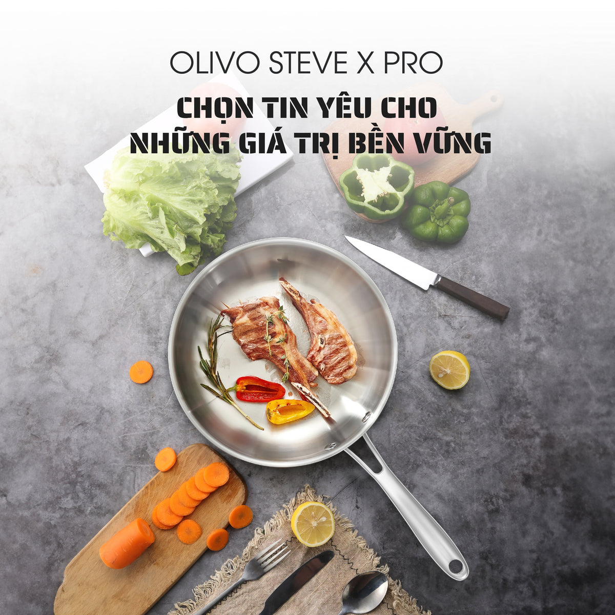 Chảo INOX OLIVO STEVE X PRO - Chống Dính Tự Nhiên, Đáy 5 Lớp, Đường Kính 24cm – Nấu Được Trên Mọi Loại Bếp