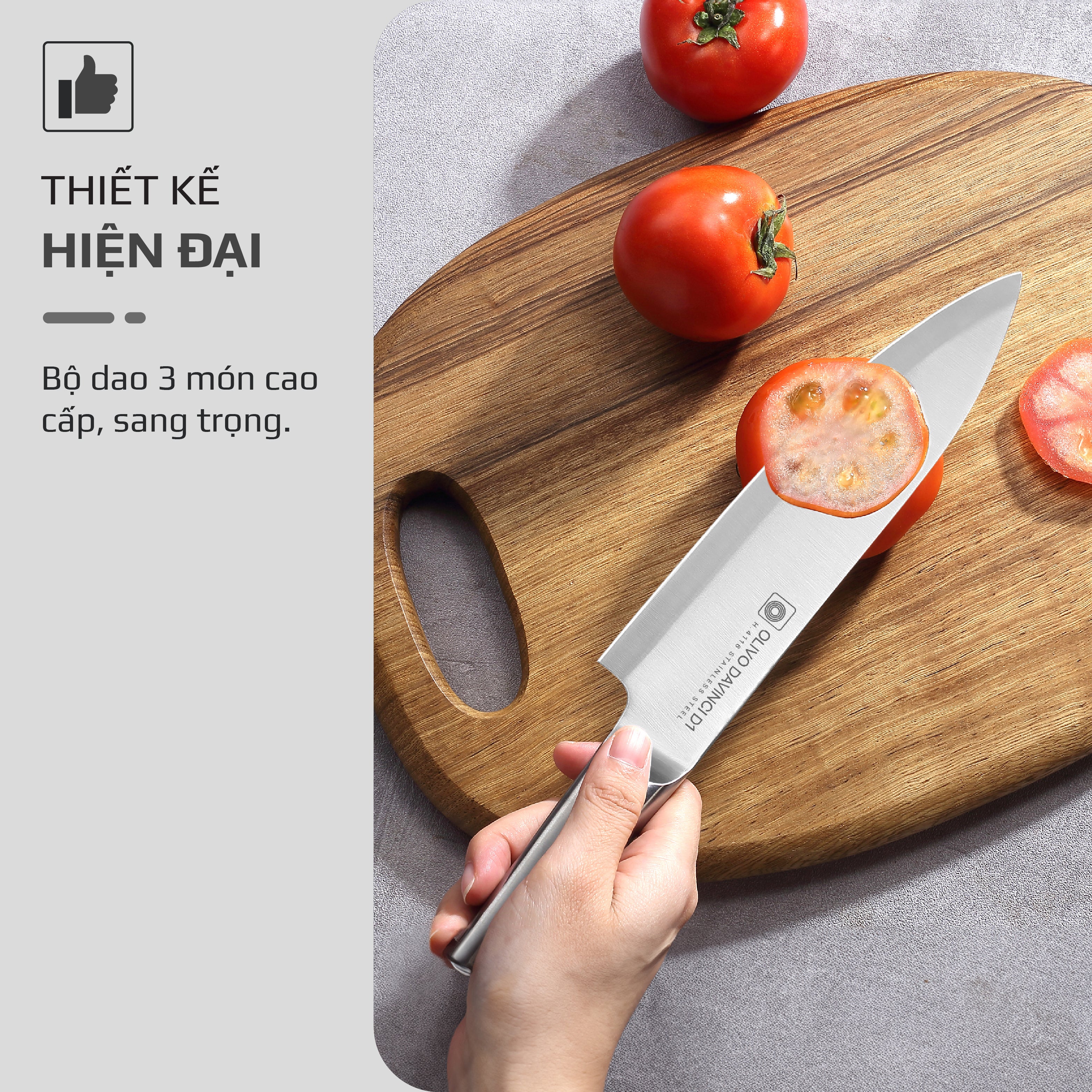 Bộ Dao 3 Món OLIVO DAVINCI - Vật Liệu Cao Cấp - Lưỡi Dao Sắc Bén - Thiết Kế Công Thái Học - Chuôi INOX 430 Siêu Bền