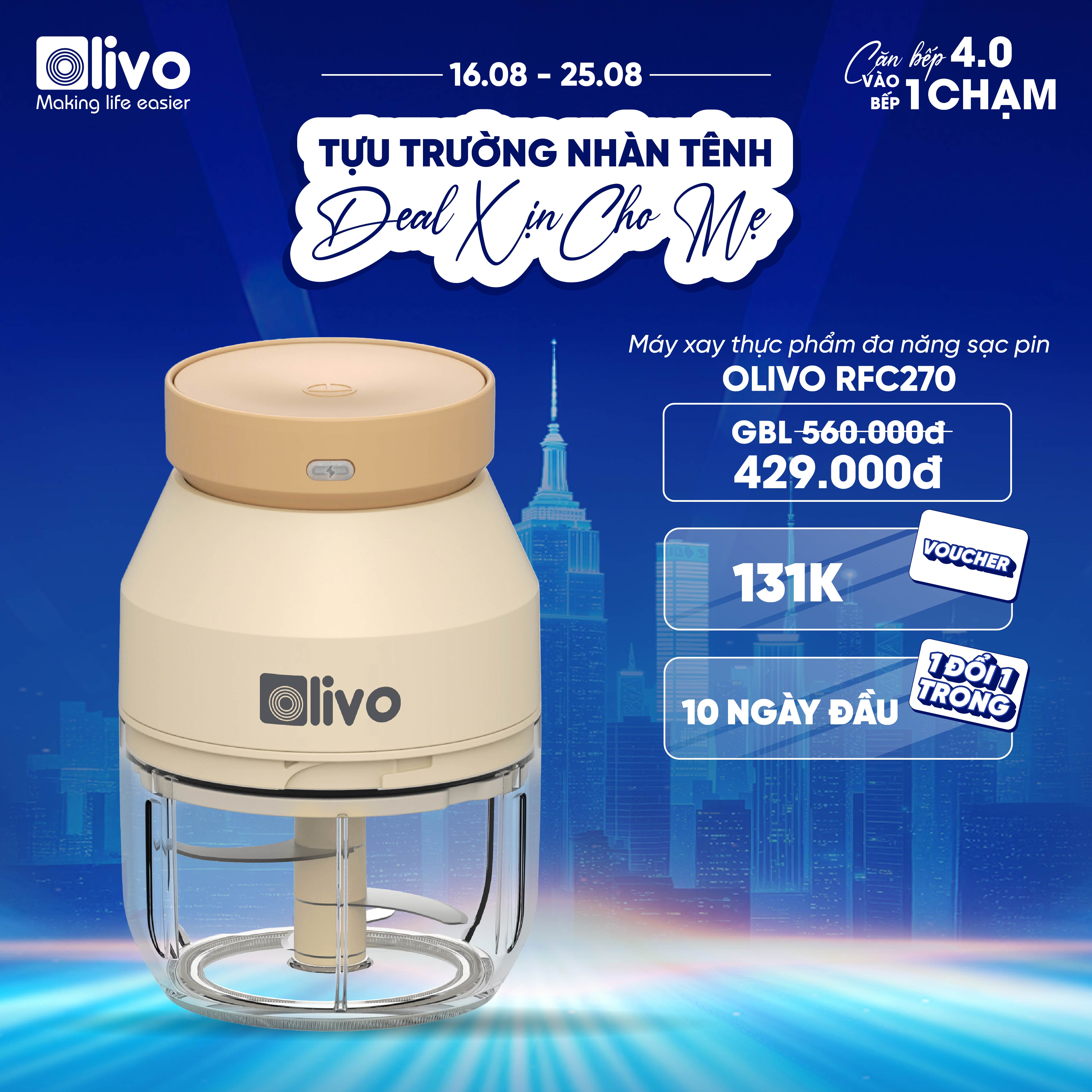 Máy Xay Thực Phẩm Đa Năng Sạc Pin OLIVO RFC270 – Xay Tỏi Ớt, Xay Thịt, Xay Hạt Tiện Lợi – Pin Sạc Bền Bỉ – Dung Tích 270ML – Dễ Dàng Vệ Sinh