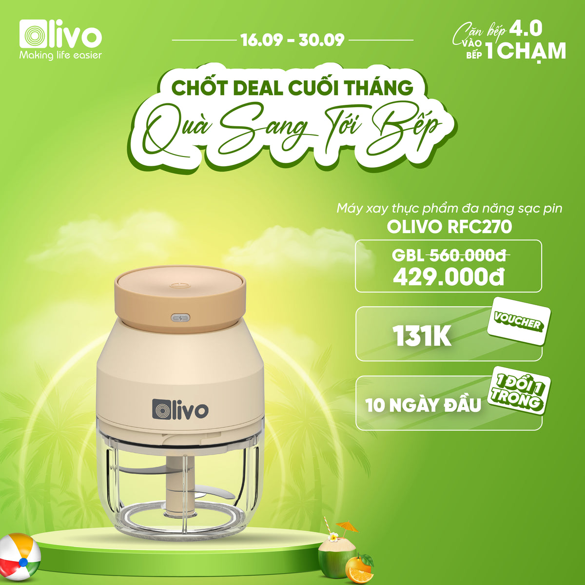 Máy Xay Thực Phẩm Đa Năng Sạc Pin OLIVO RFC270 – Xay Tỏi Ớt, Xay Thịt, Xay Hạt Tiện Lợi – Pin Sạc Bền Bỉ – Dung Tích 270ML – Dễ Dàng Vệ Sinh