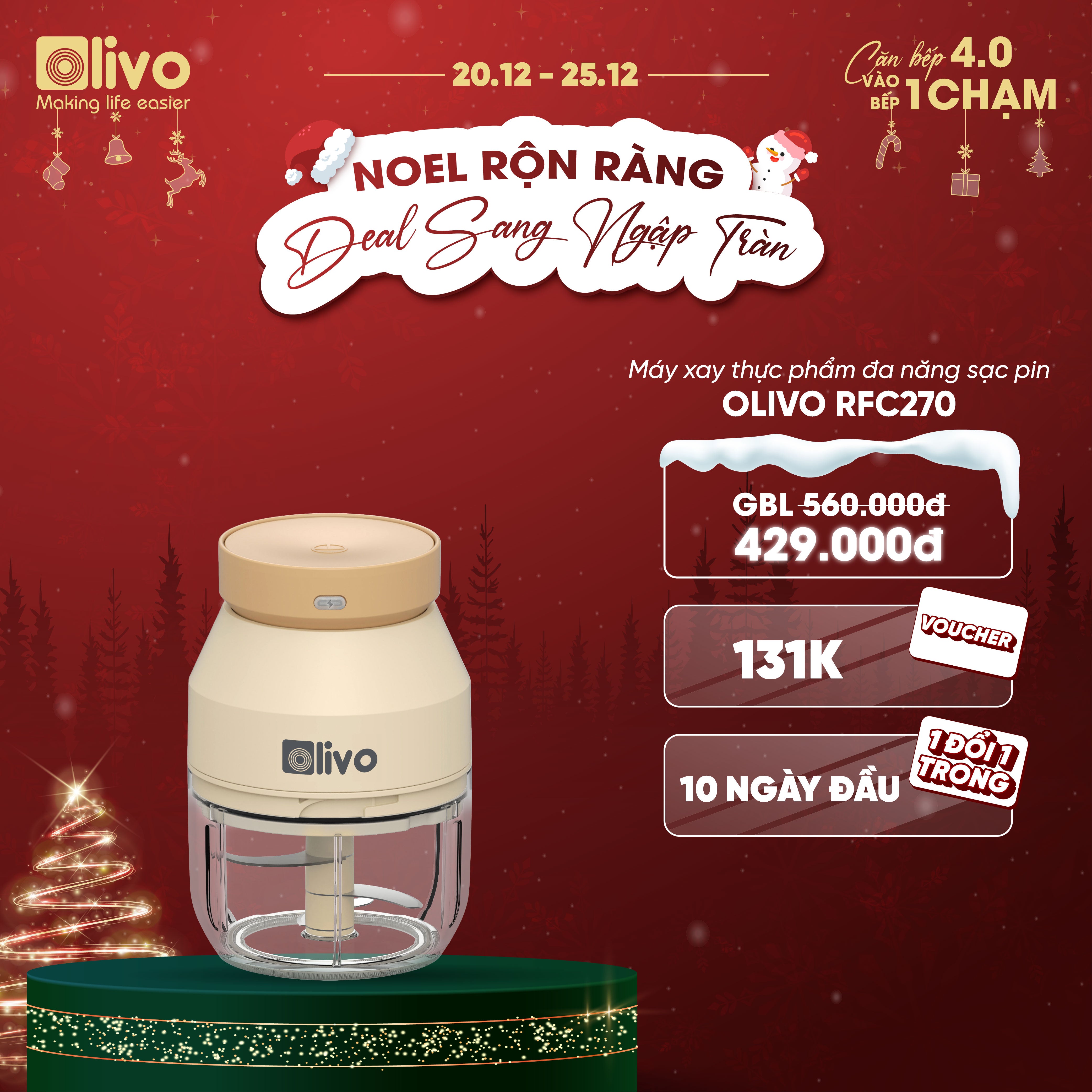 Máy Xay Thực Phẩm Đa Năng Sạc Pin OLIVO RFC270 – Xay Tỏi Ớt, Xay Thịt, Xay Hạt Tiện Lợi – Pin Sạc Bền Bỉ – Dung Tích 270ML – Dễ Dàng Vệ Sinh