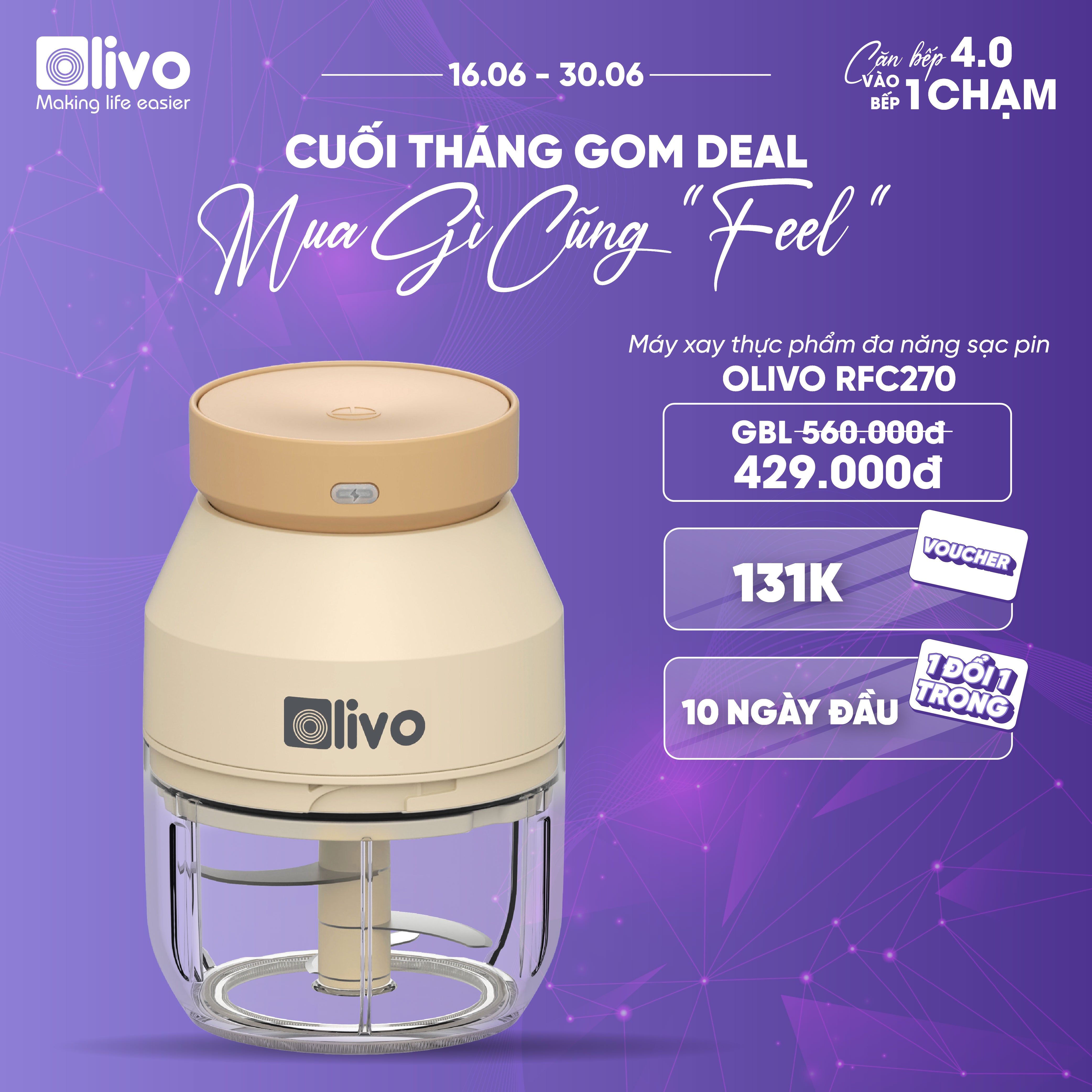 Máy Xay Thực Phẩm Đa Năng Sạc Pin OLIVO RFC270 – Xay Tỏi Ớt, Xay Thịt, Xay Hạt Tiện Lợi – Pin Sạc Bền Bỉ – Dung Tích 270ML – Dễ Dàng Vệ Sinh